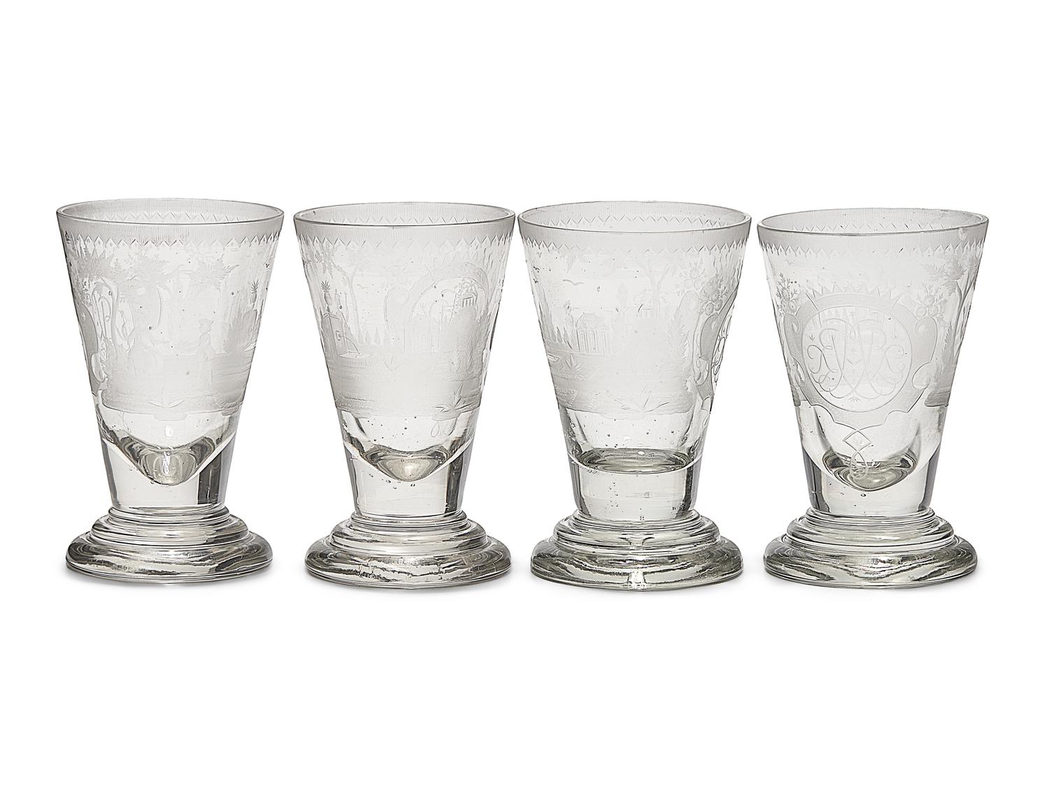 A Set of Eleven Louis XVI Style Blown and Etched Drinking Glasses Bearing The Monogram of Marie Antoinette