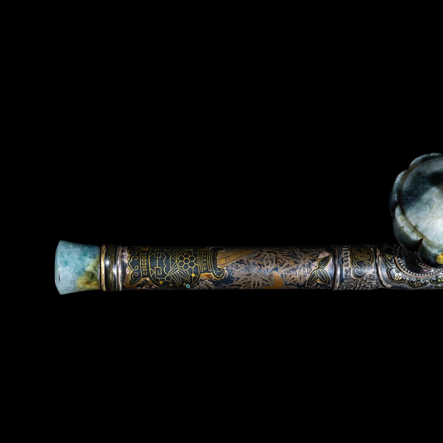 Two Chinese Opium Pipes and One Silver Opium Lamp, Late Qing-Republic Period 晚清-民國 烟槍、煙燈兩套