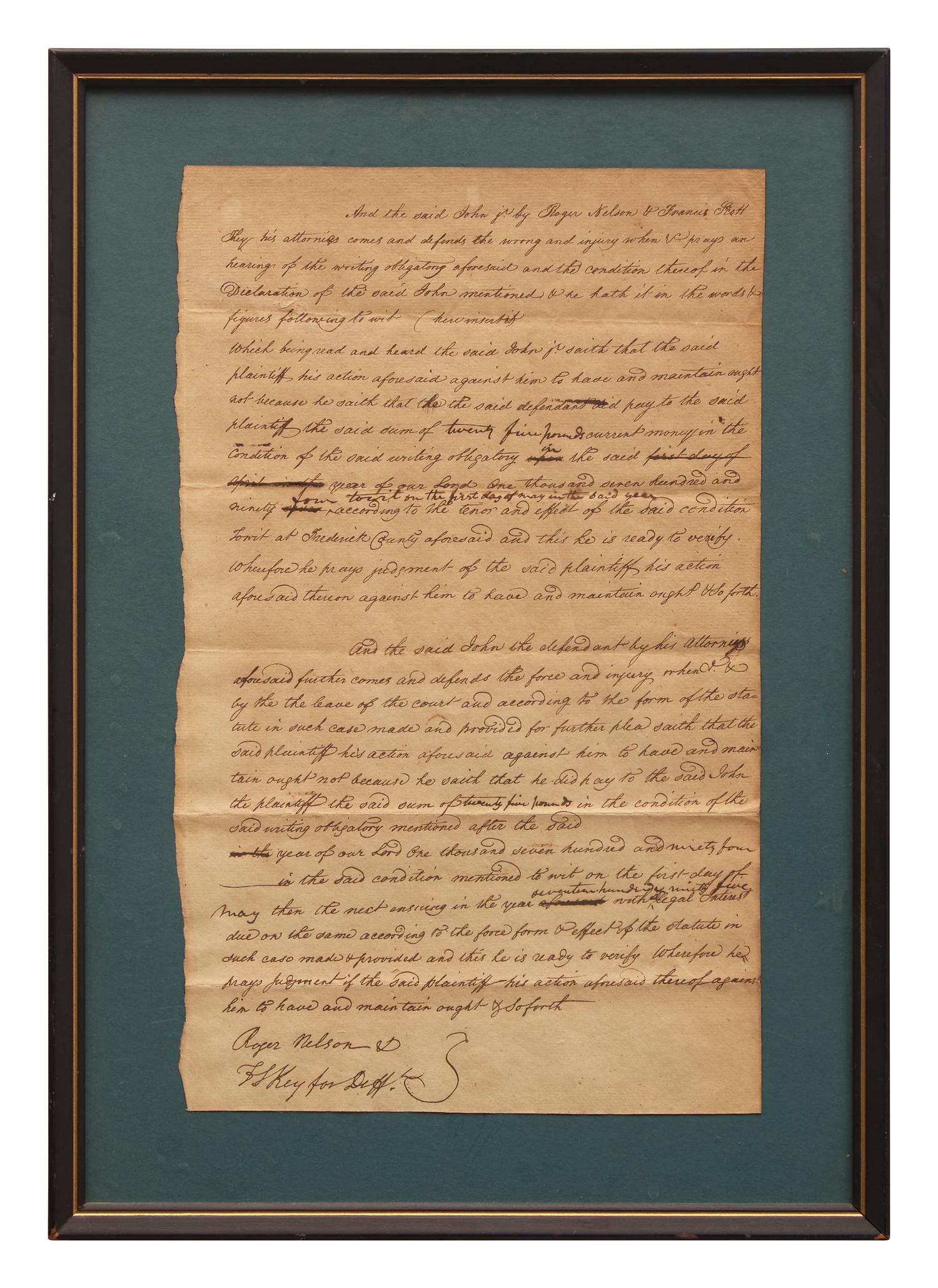 [Key, Francis Scott] Key, Francis Scott. Autograph Document, signed
