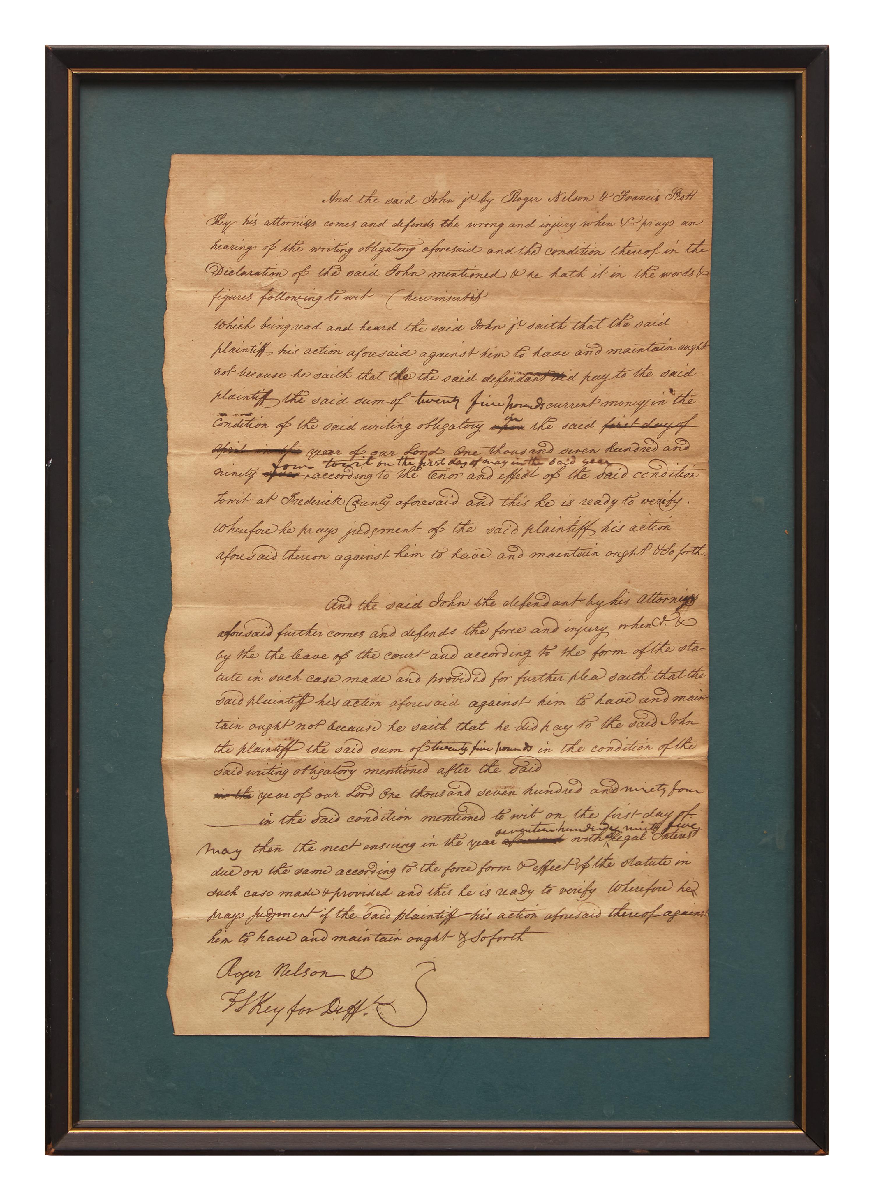 [Key, Francis Scott] Key, Francis Scott. Autograph Document, signed