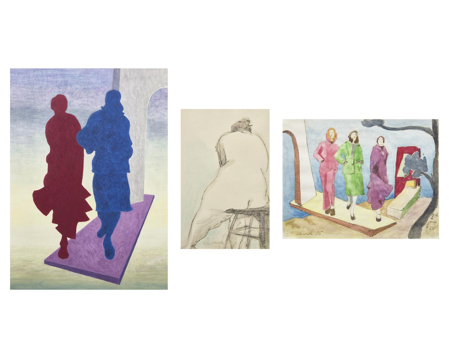 Red and Blue Figures ; together with Women Walking and Seated Nude (Three Works)