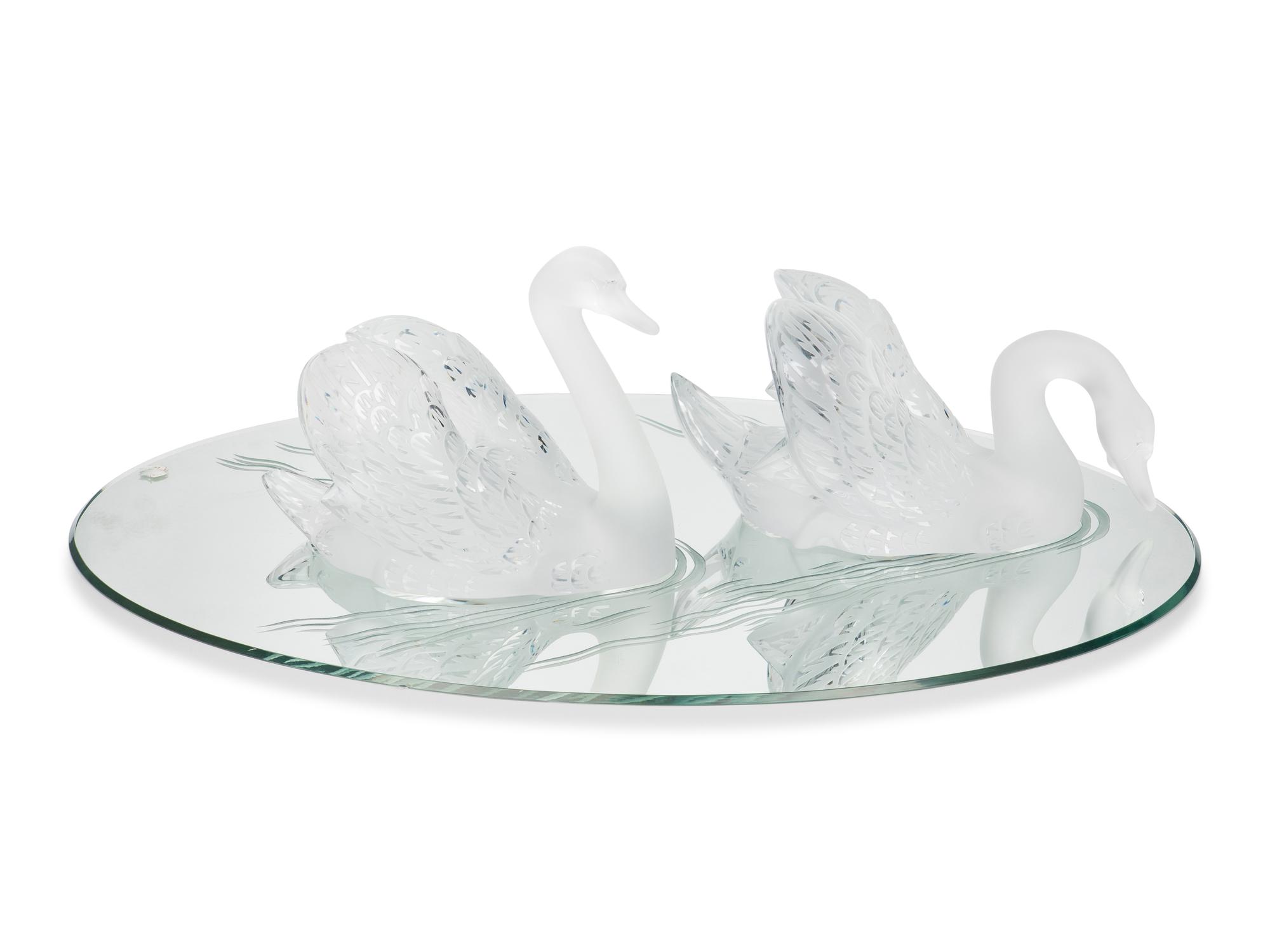 A Pair of Lalique Miroir Cygnes Sculptures and Mirror Plateau