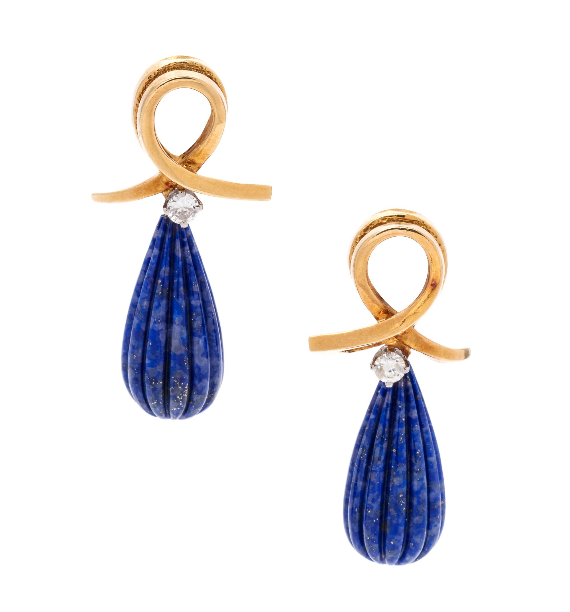 A Pair of 18 Karat Yellow Gold, Diamond and Lapis Lazuli Earclips,