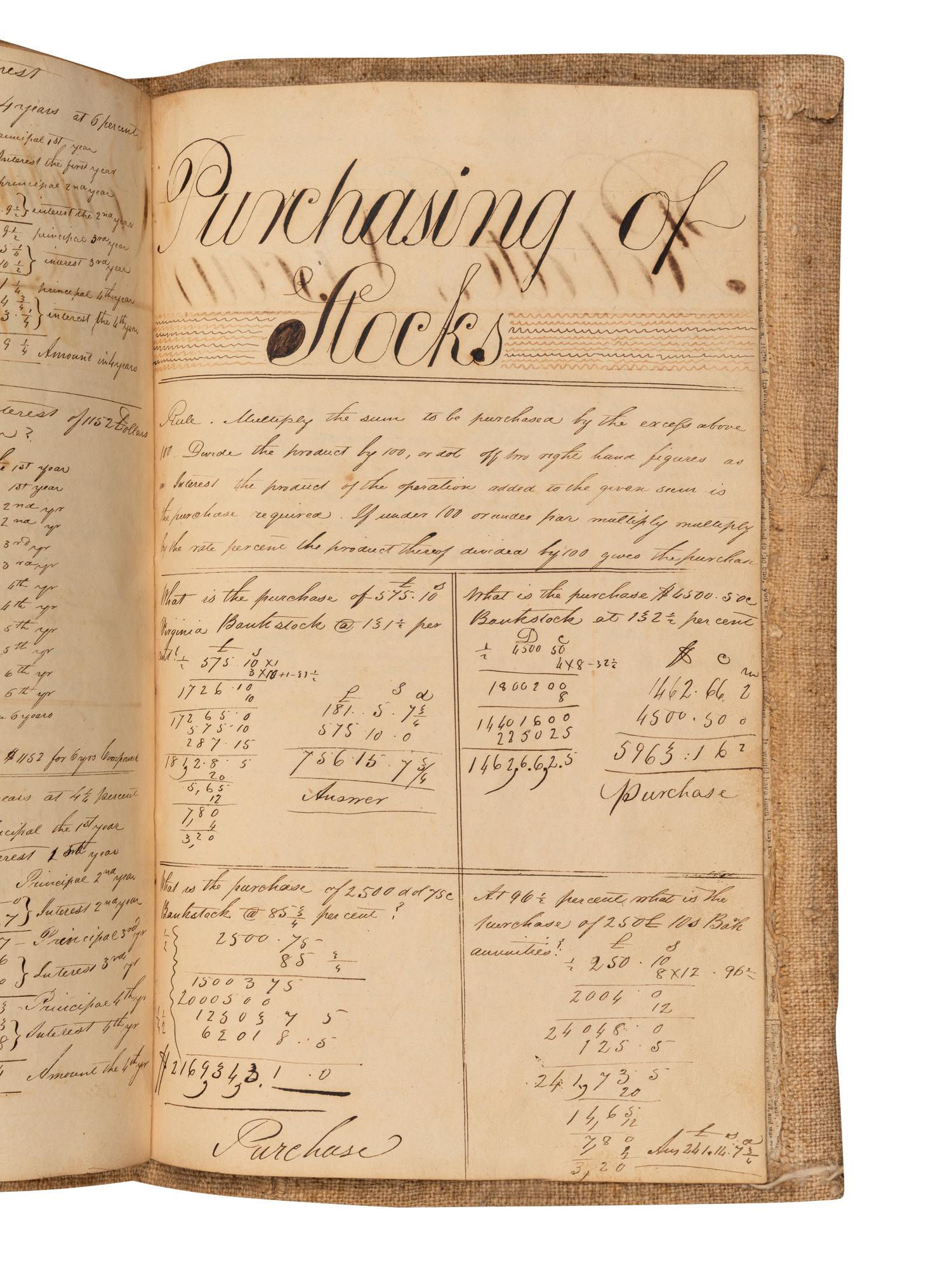 [MANUSCRIPT – MATHEMATICS]. Notebook containing examples of practical arithmetic and arithmetical exercises. [Virginia], ca 1800.
