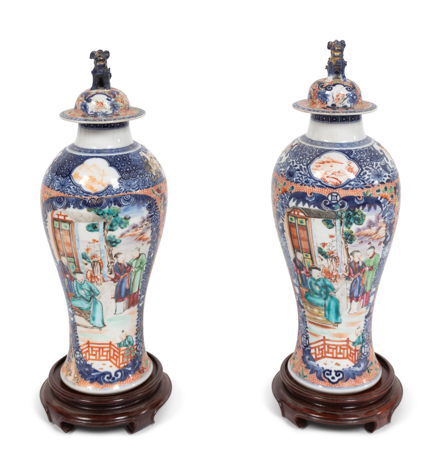 A Pair of Chinese Export Mandarin Palette Vases and Covers