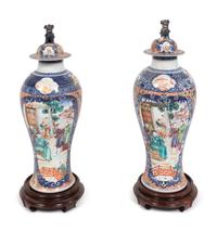 A Pair of Chinese Export Mandarin Palette Vases and Covers