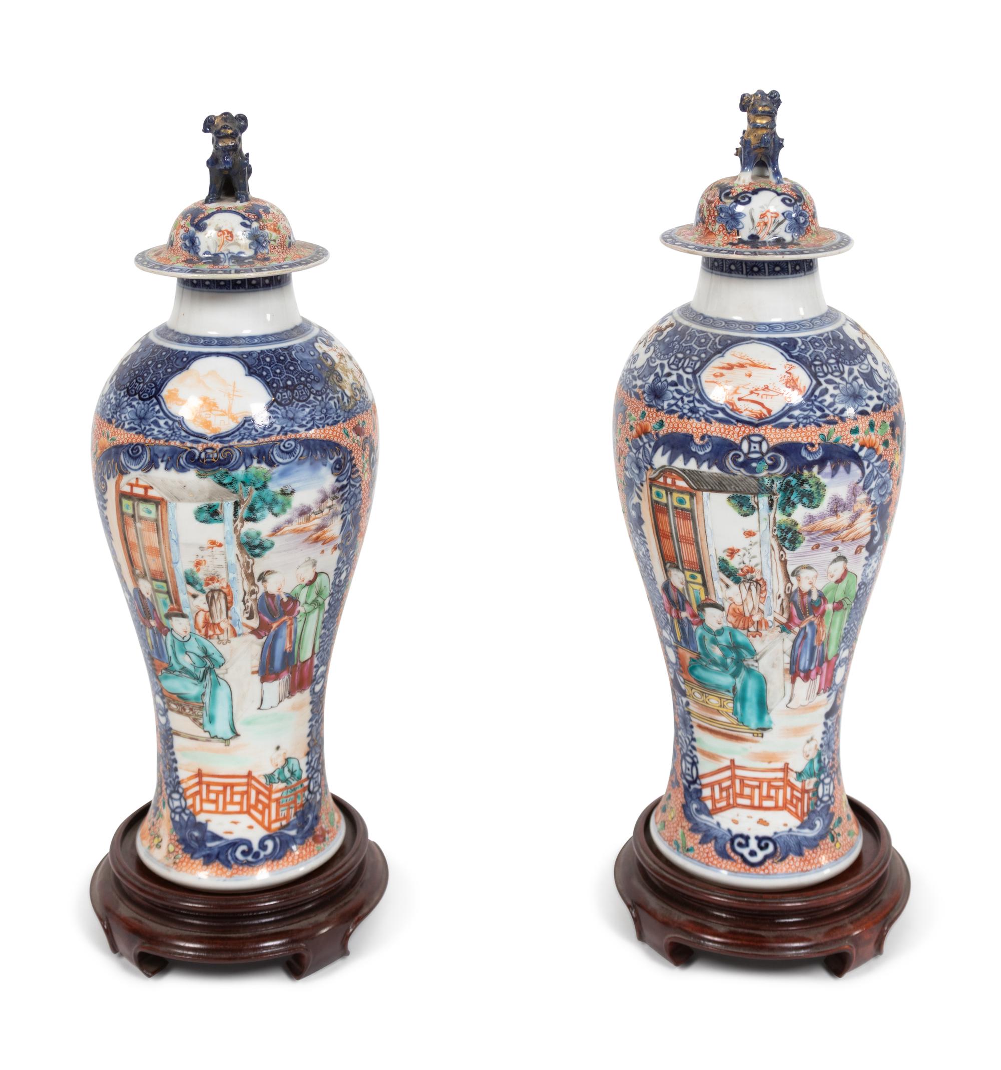 A Pair of Chinese Export Mandarin Palette Vases and Covers