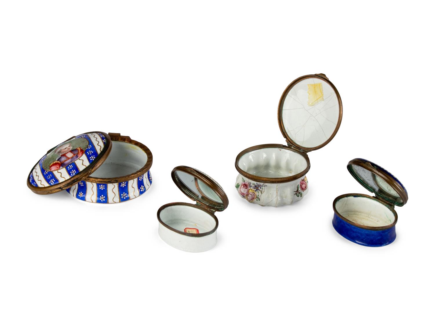 Four Continental and Staffordshire Enamel Snuff Boxes