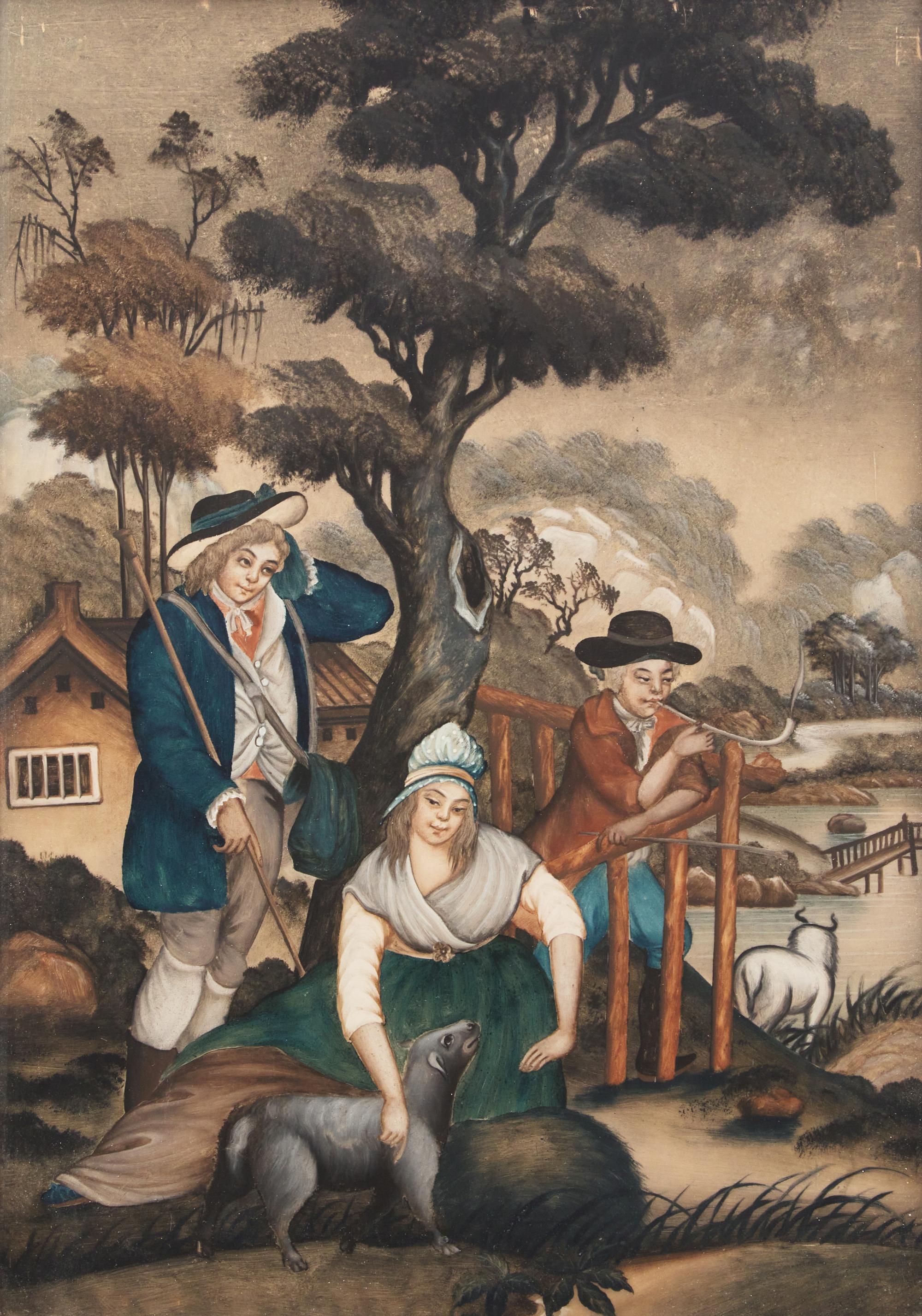 A Pair of Chinese Export Reverse-Glass Painted Pictures of Western Figures in Bucolic Landscapes
