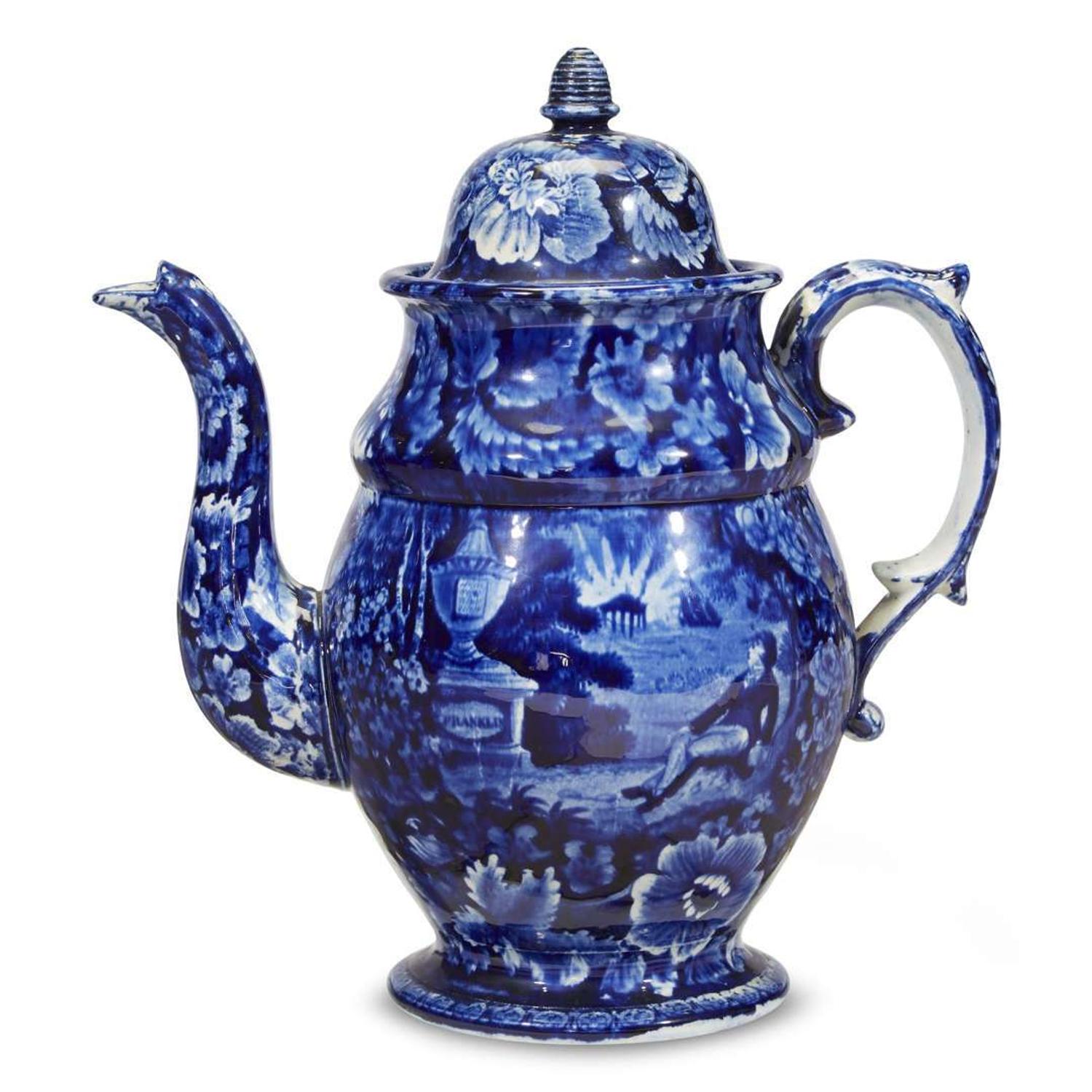 Historical Blue Staffordshire coffeepot with Lafayette at Franklin's Tomb second quarter 19th century