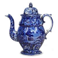 Historical Blue Staffordshire coffeepot with Lafayette at Franklin's Tomb second quarter 19th century