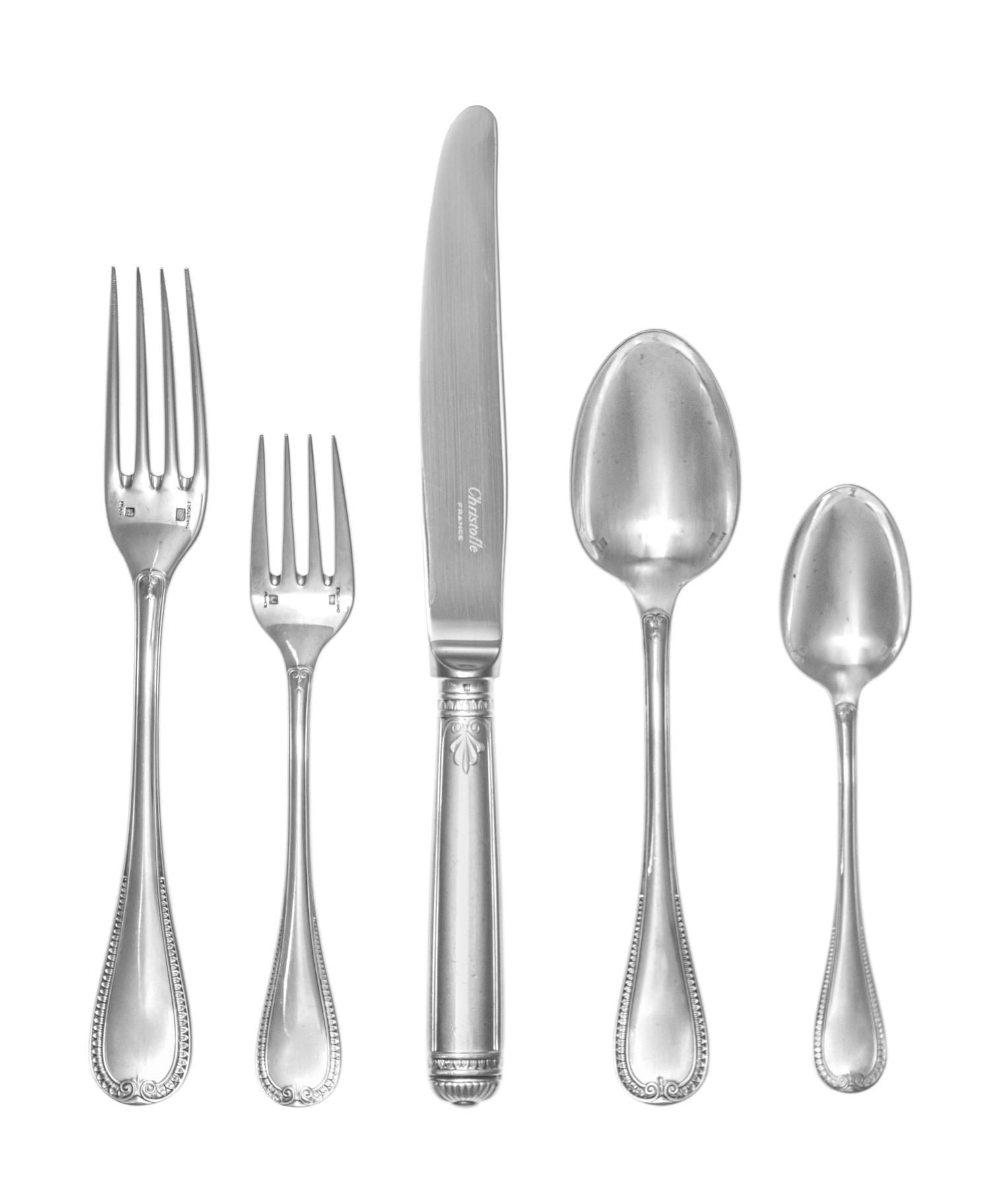 A French Silver-Plate Flatware Service, Christofle, Paris, Malmaison pattern, comprising: 11 dinner knives 11 dinner forks 10 salad for