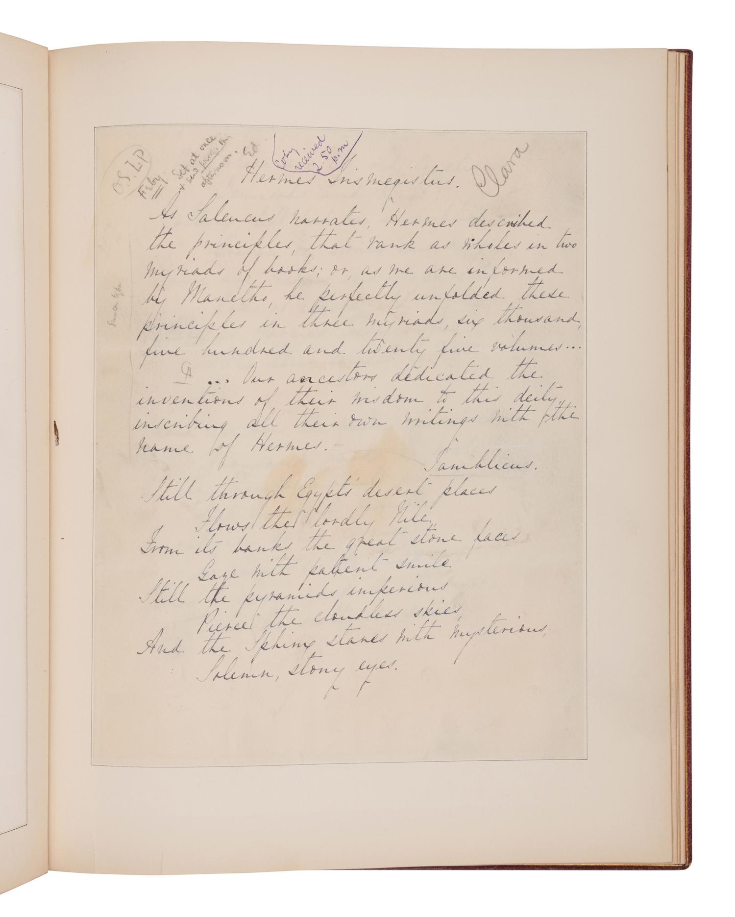 LONGFELLOW, Henry Wadsworth (1807-1882). Autograph poetic manuscript signed ("Henry W. Longfellow"), the printer's fair copy of "Hermes Trismegistus", Cambridge, MA, January 1882.