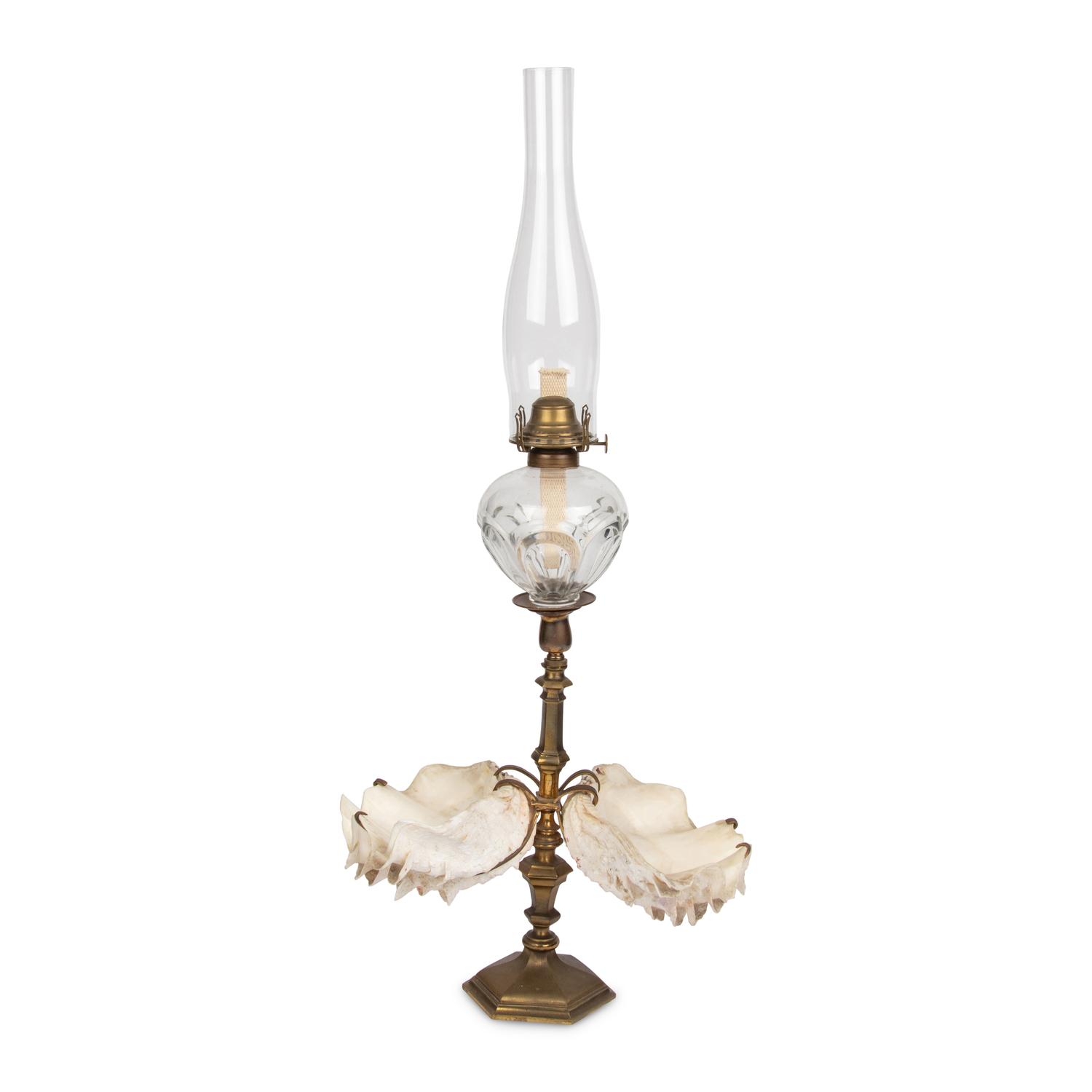 A Gilt Bronze and Clamshell Mounted Glass Oil Lamp