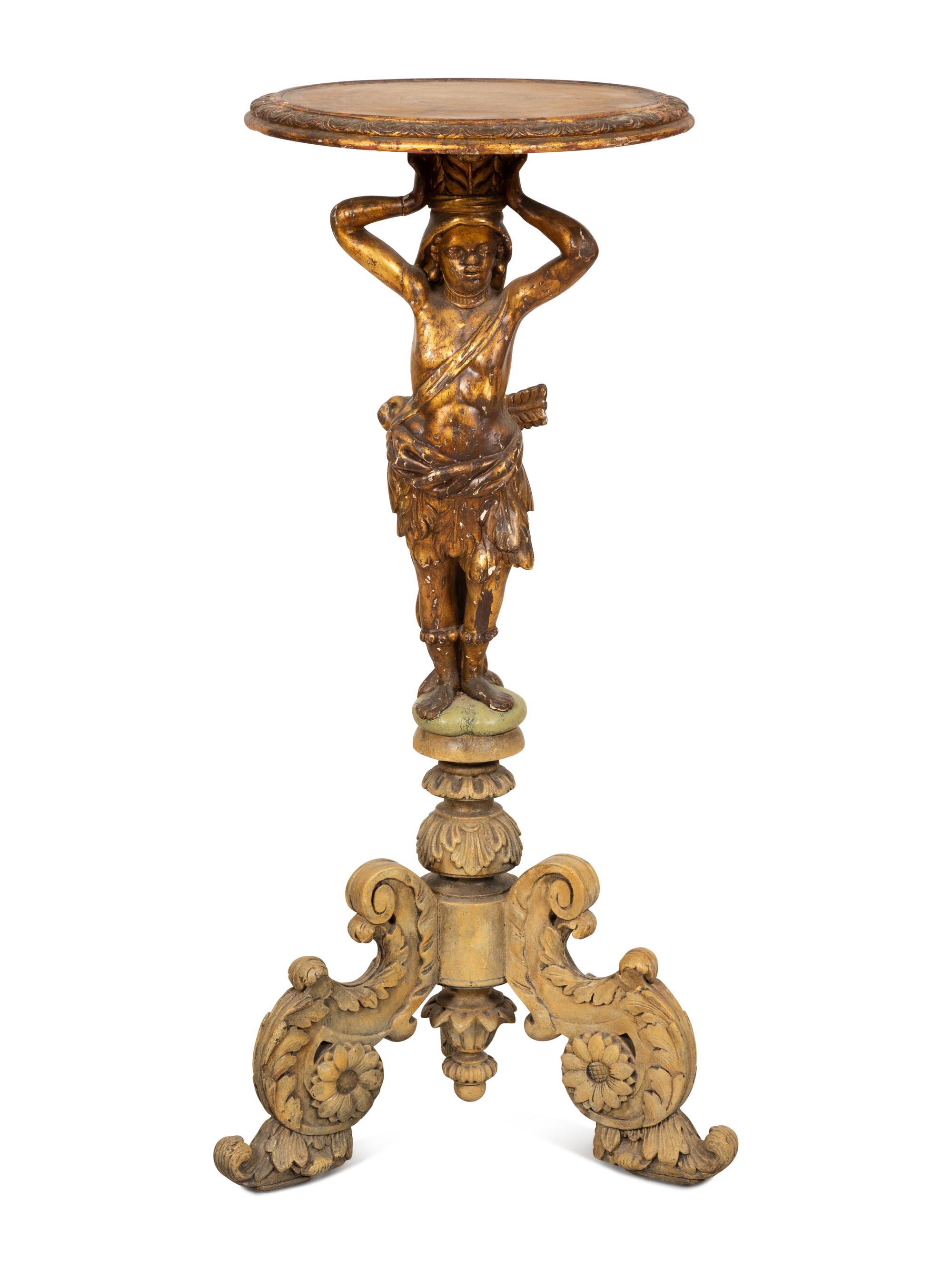 An Italian Painted and Parcel Gilt Figural Pedestal Table
