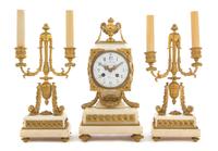 A French Gilt Bronze and Marble Three-Piece Clock Garniture Height of candelabra 16 3/4 inches. — MAISON MARQUIS, LANGUEREAU, PARIS, 19TH CENTURY