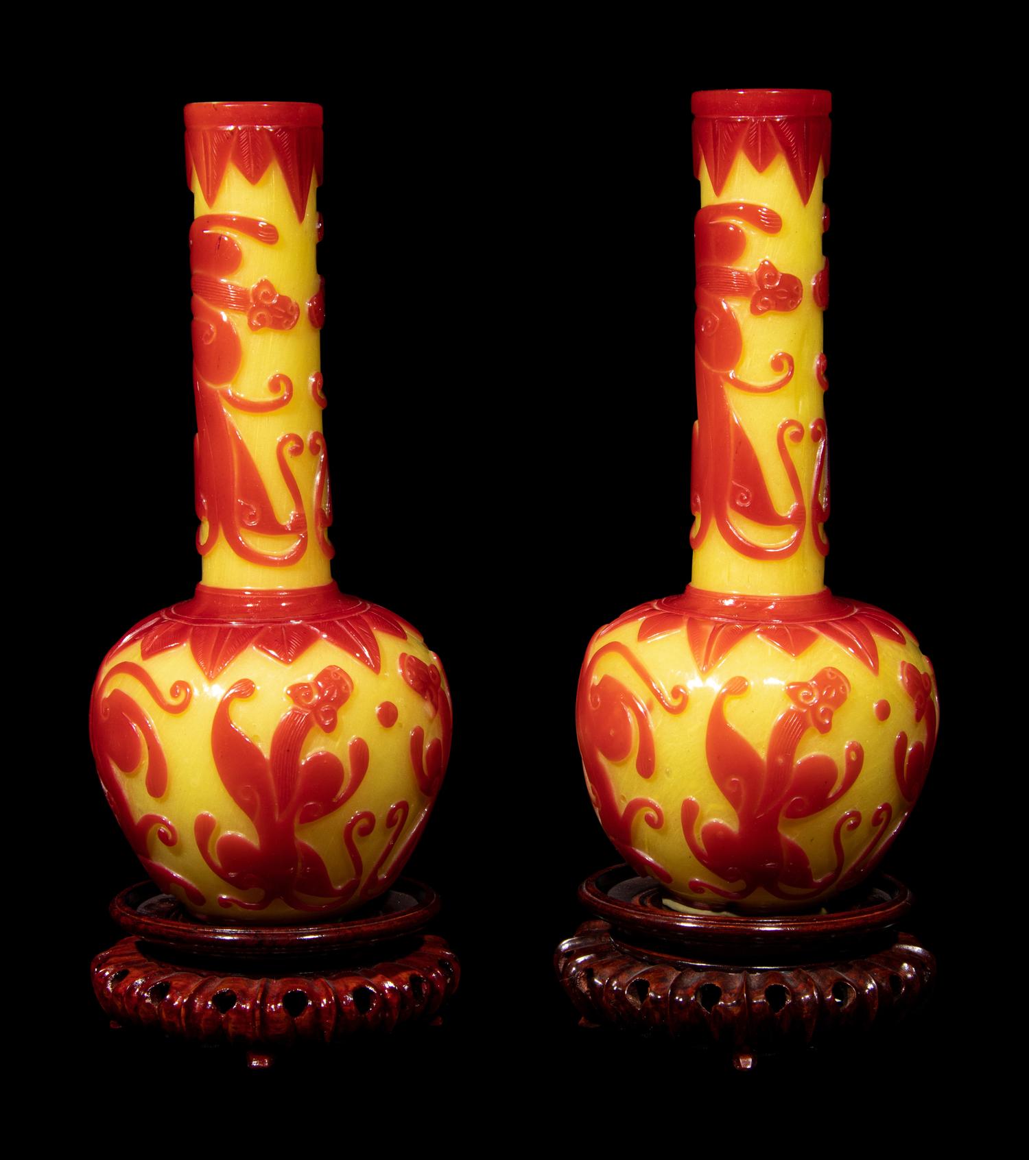 A Pair of Chinese Yellow Ground Red Overly Peking Glass Bottle Vases