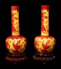A Pair of Chinese Yellow Ground Red Overly Peking Glass Bottle Vases