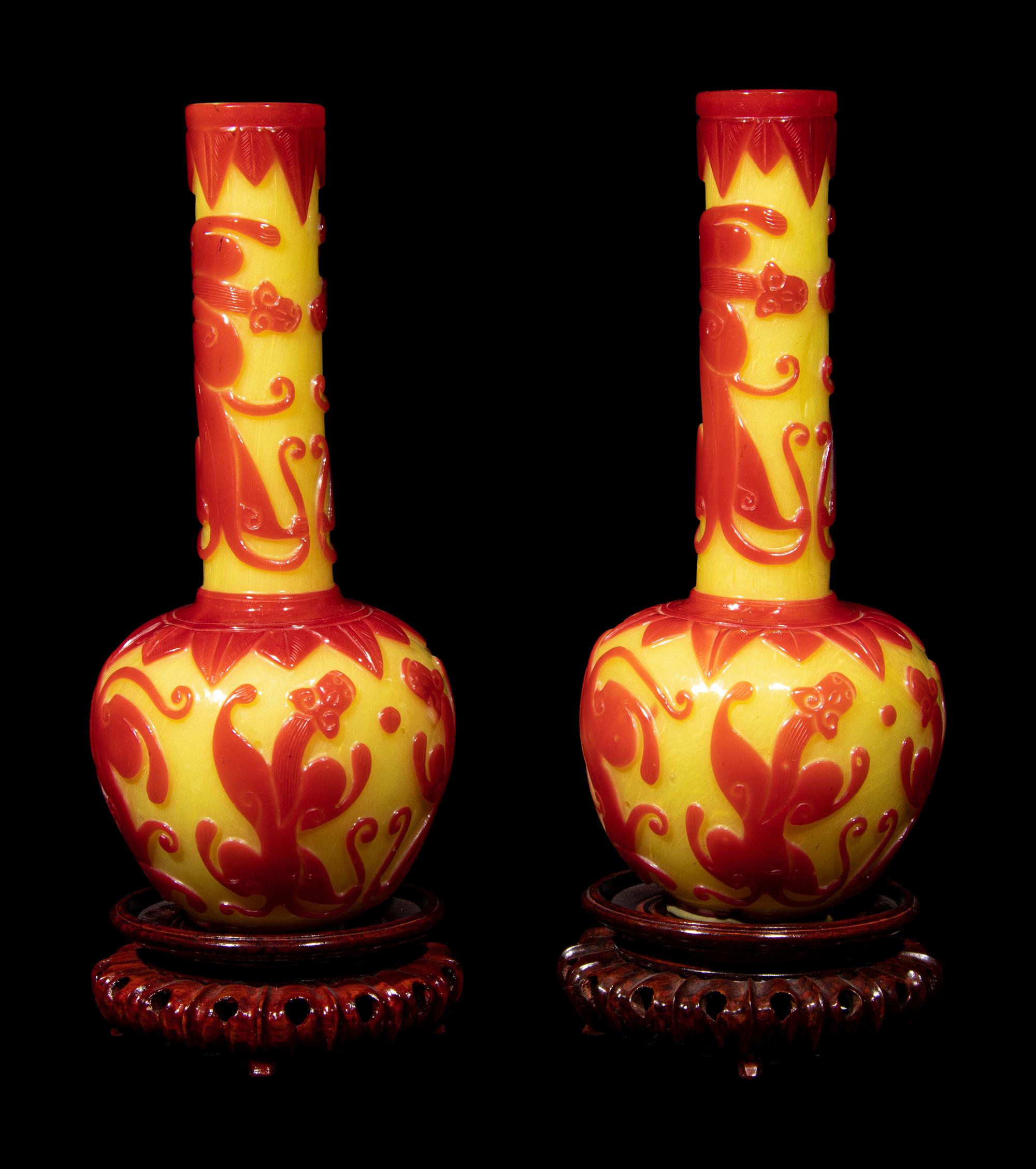 A Pair of Chinese Yellow Ground Red Overly Peking Glass Bottle Vases