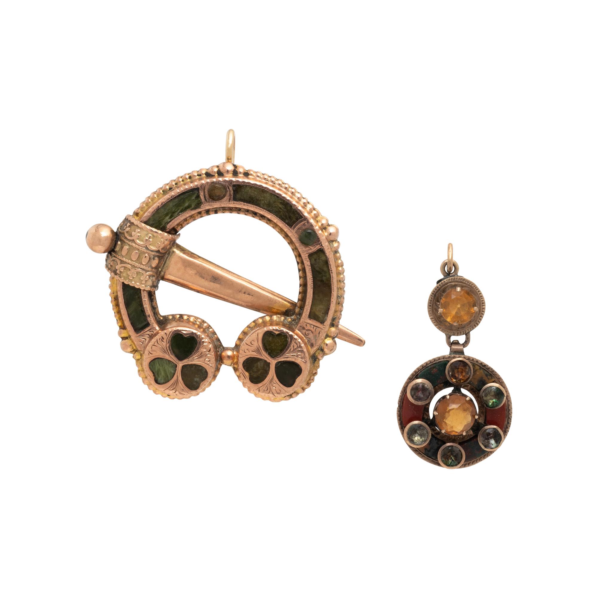ANTIQUE, LOW KARAT GOLD AND SCOTTISH AGATE BROOCH AND PENDANT