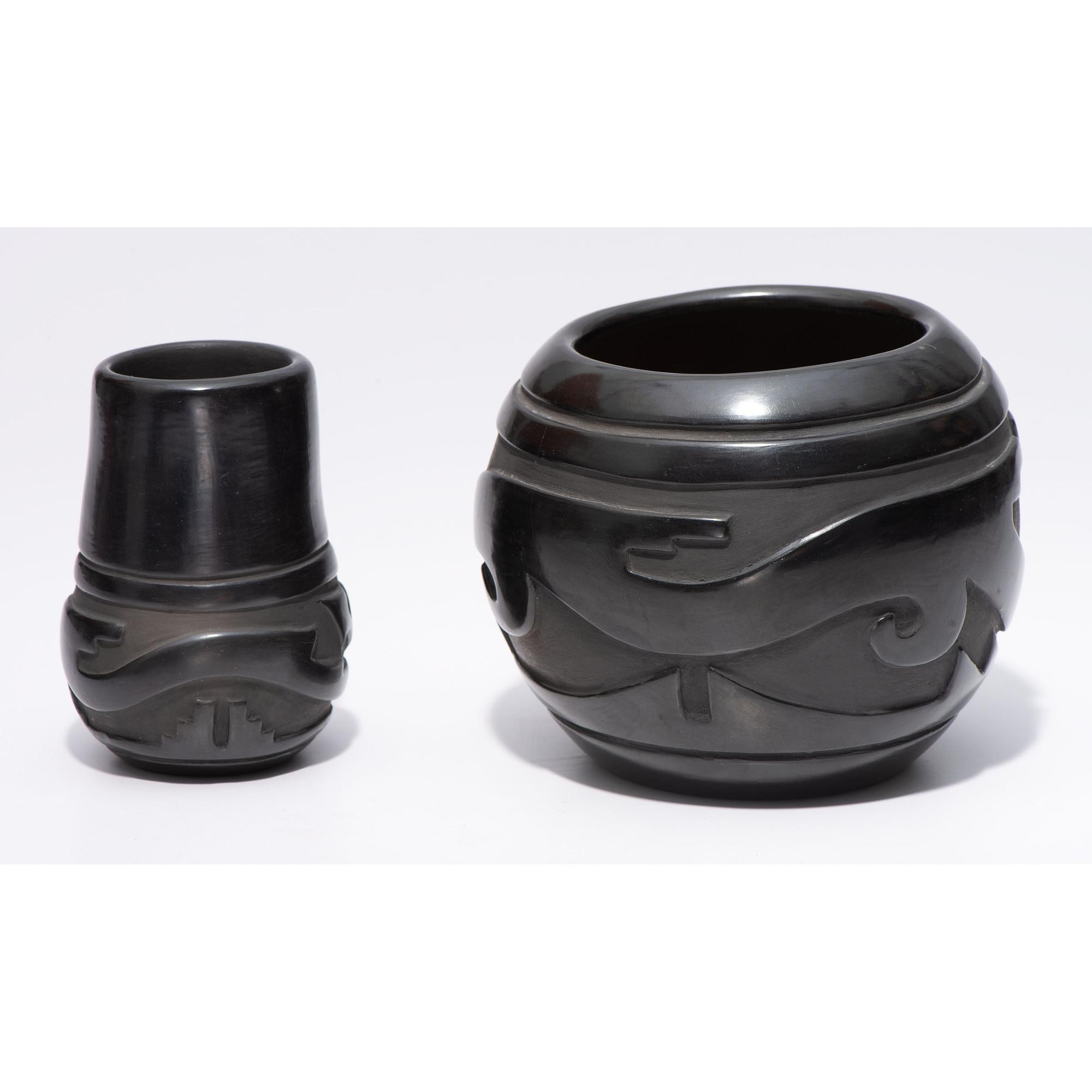 Carved Blackware Pottery Jars, Carved with Avanyu