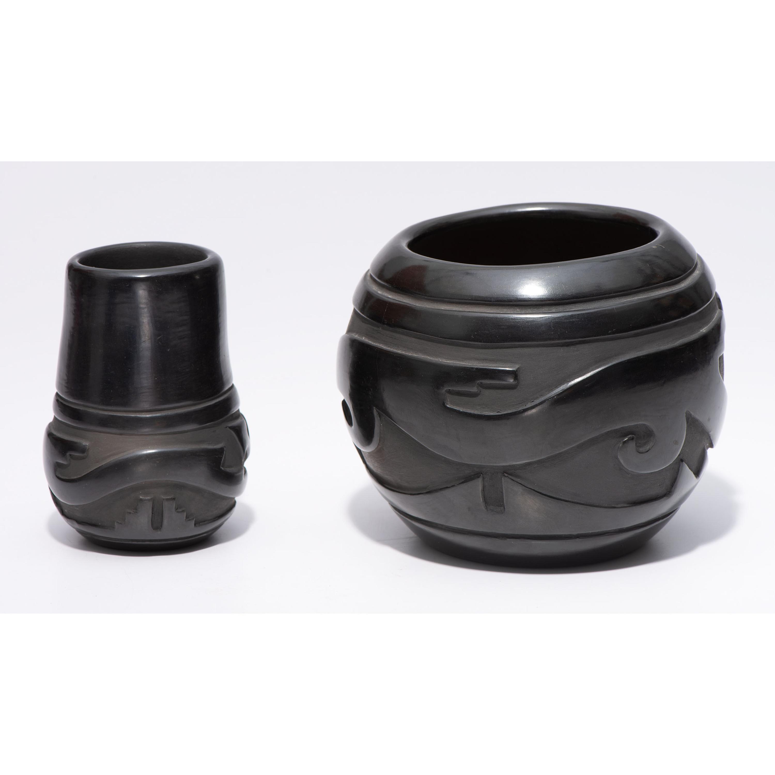 Carved Blackware Pottery Jars, Carved with Avanyu