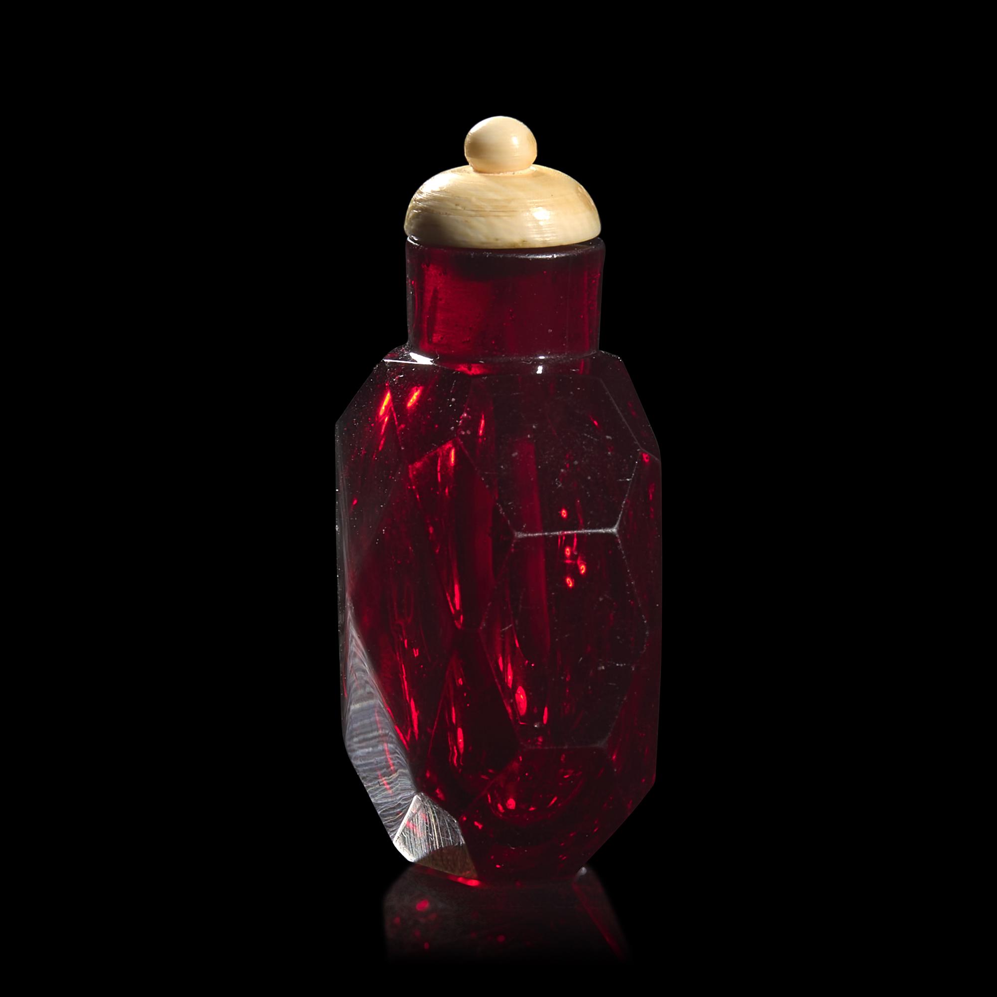 An Imperial Ruby-Red Glass Faceted Snuff Bottle, Attributed to the Palace Workshops, Beijing, 1730-1770