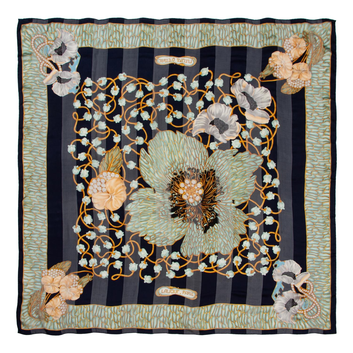 Four Designer Silk Scarves Including Lalique, Gucci, and YSL