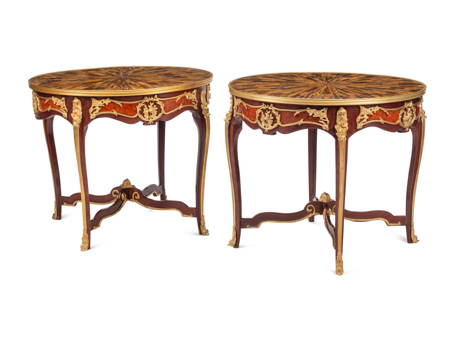 A Pair of Louis XV Style Gilt Bronze Mounted Parquetry Tables with Tiger’s Eye Tops