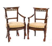 A Pair of Dutch Marquetry Armchairs, Height 36 inches.