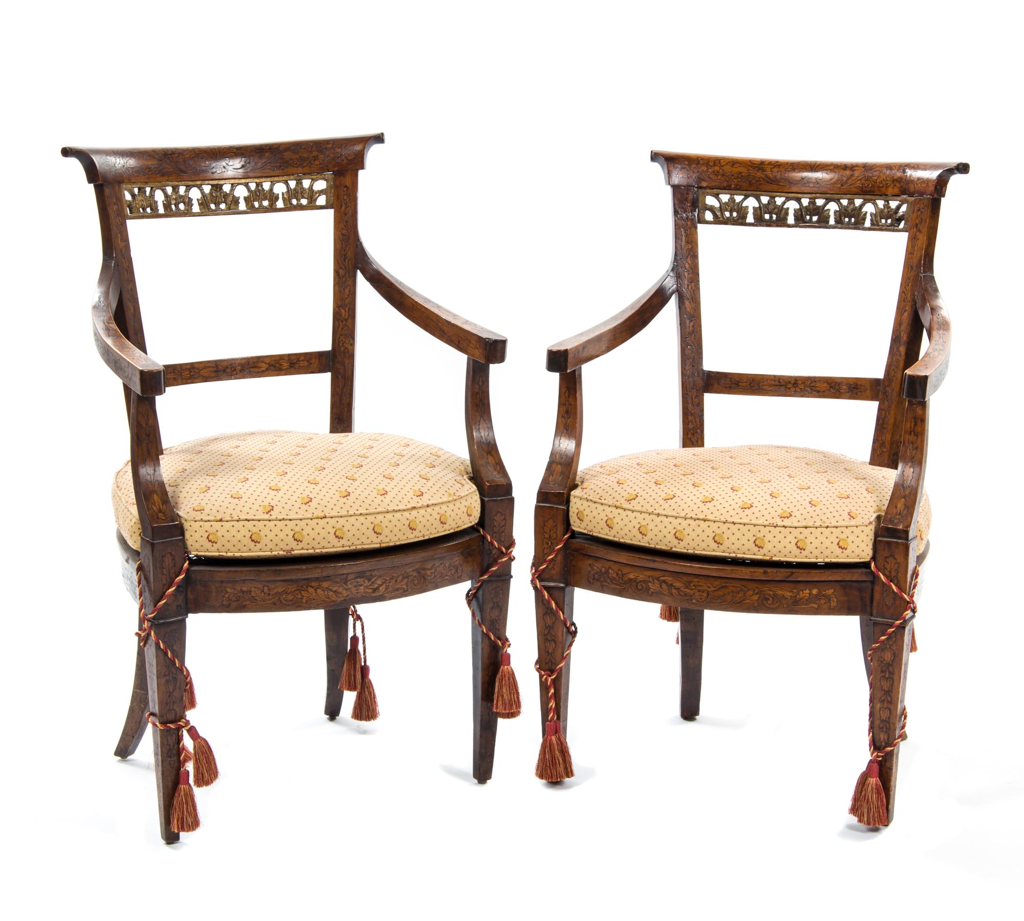 A Pair of Dutch Marquetry Armchairs, Height 36 inches.