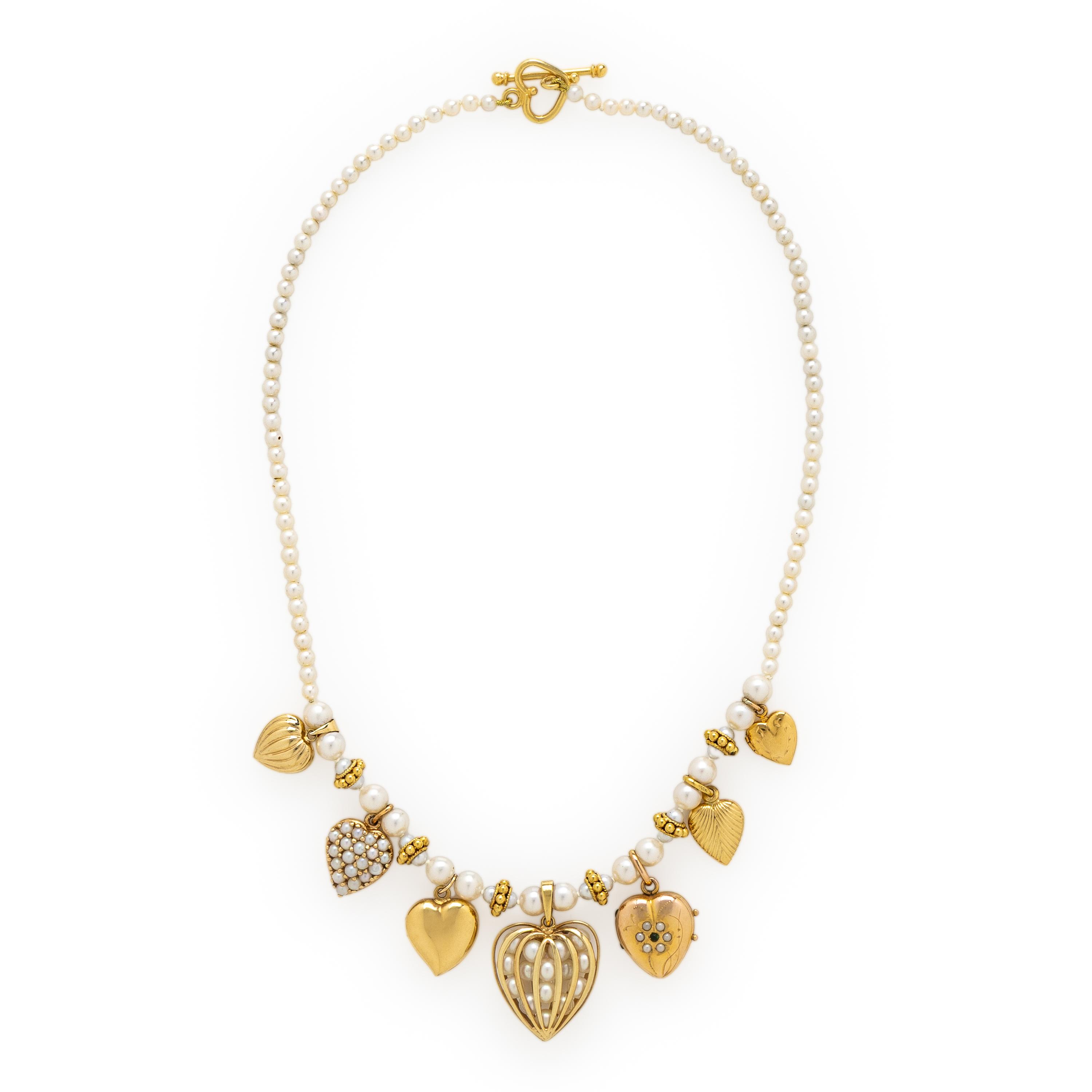 Cultured Pearl and Yellow Gold Heart Charm Necklace