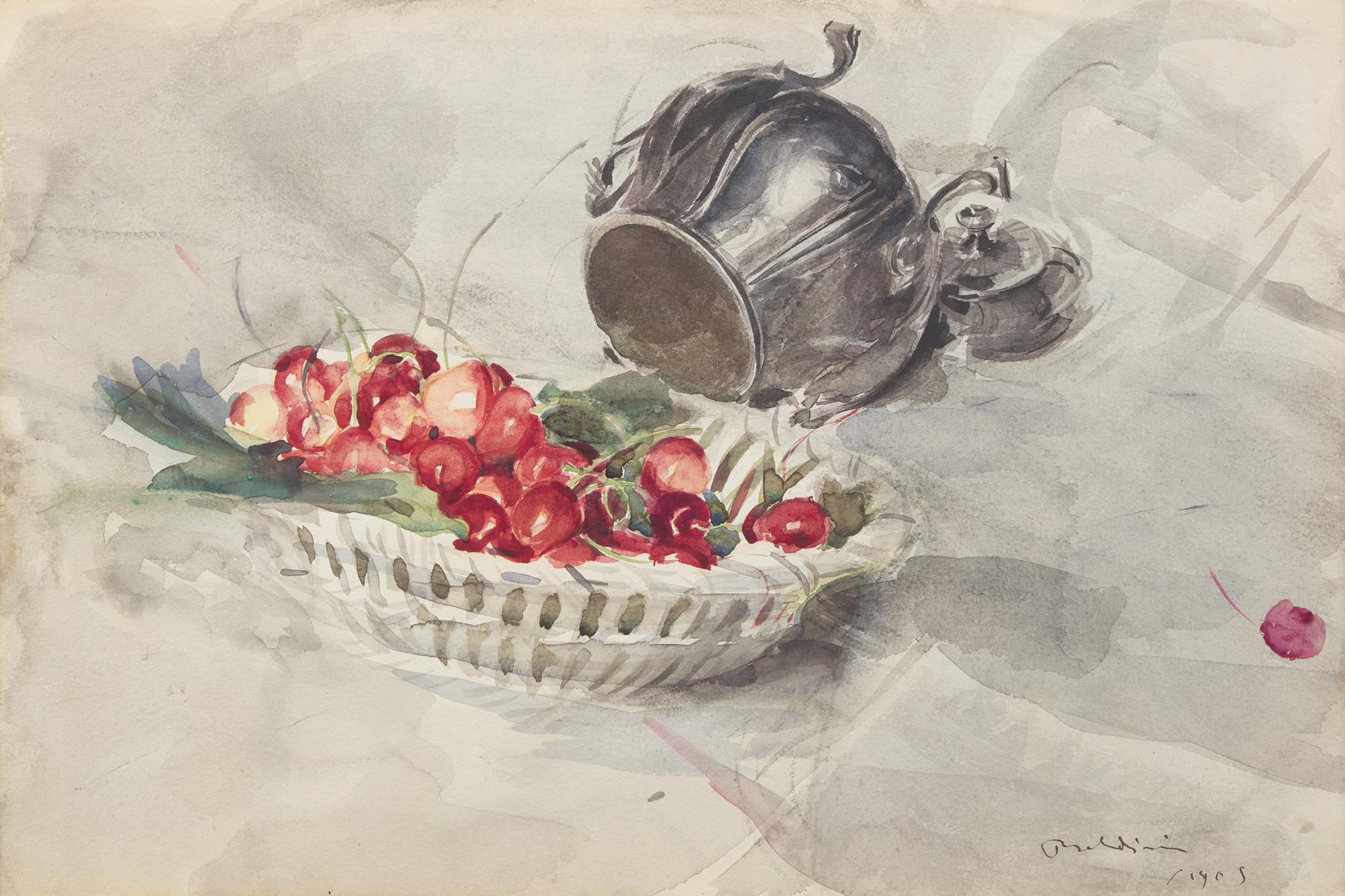 Still Life of a Basket of Cherries and a Silver Sugar Bowl , 1905