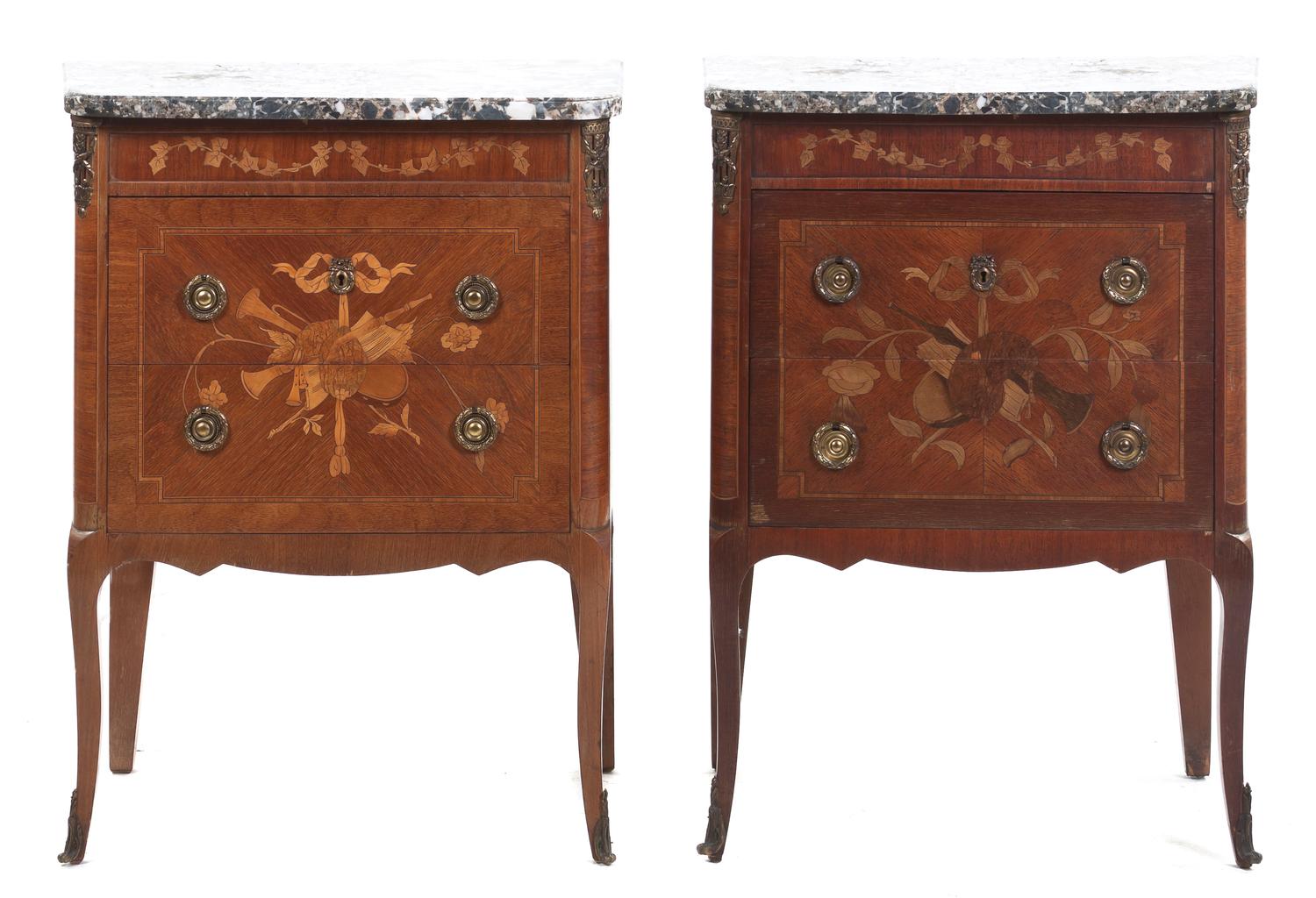 A Near Pair of French Transitional Style Marquetry and Gilt Bronze Mounted Commodes, Height 34 1/2 x width 25 7/8 x depth 15 inches.