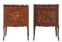 A Near Pair of French Transitional Style Marquetry and Gilt Bronze Mounted Commodes, Height 34 1/2 x width 25 7/8 x depth 15 inches.