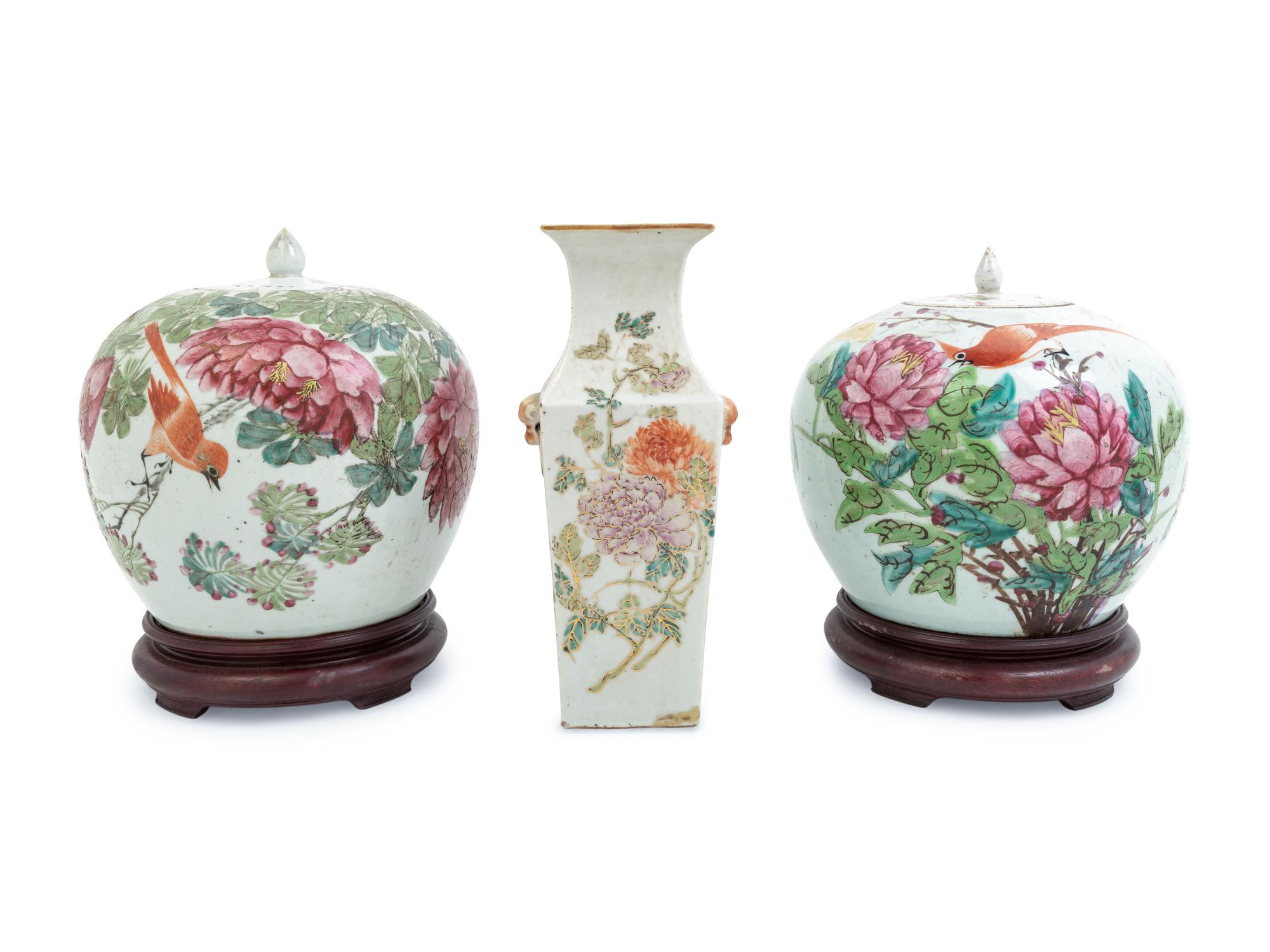 Three Chinese Famille Rose Porcelain 'Peony' Articles