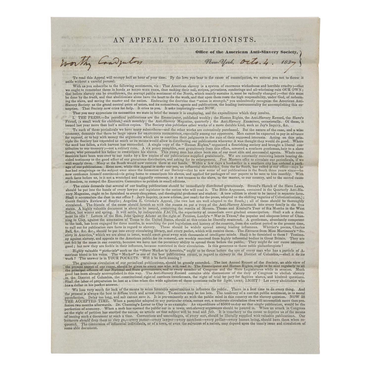 [African-Americana] Birney, James G. Signed Printed Circular of the American Anti-Slavery Society