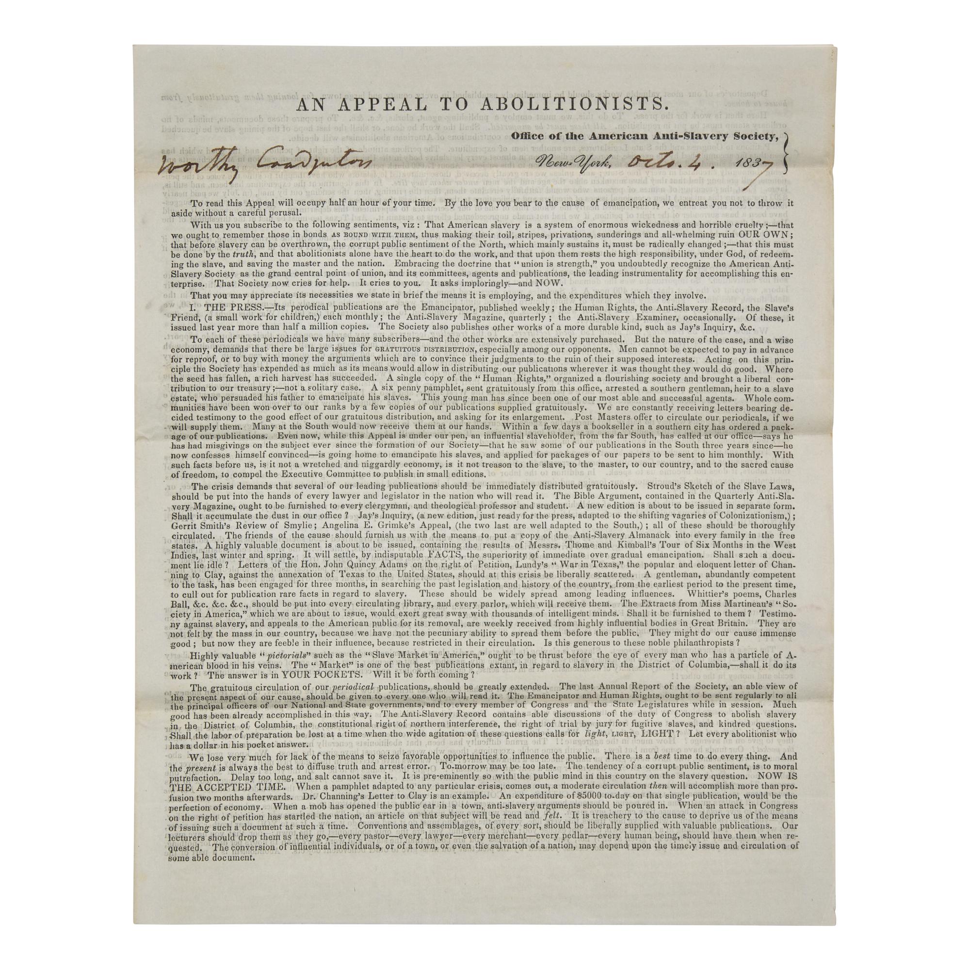[African-Americana] Birney, James G. Signed Printed Circular of the American Anti-Slavery Society