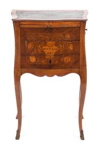 A French Marquetry Table a Ecrire Height 28 x width 18 x depth 12 1/2 inches.