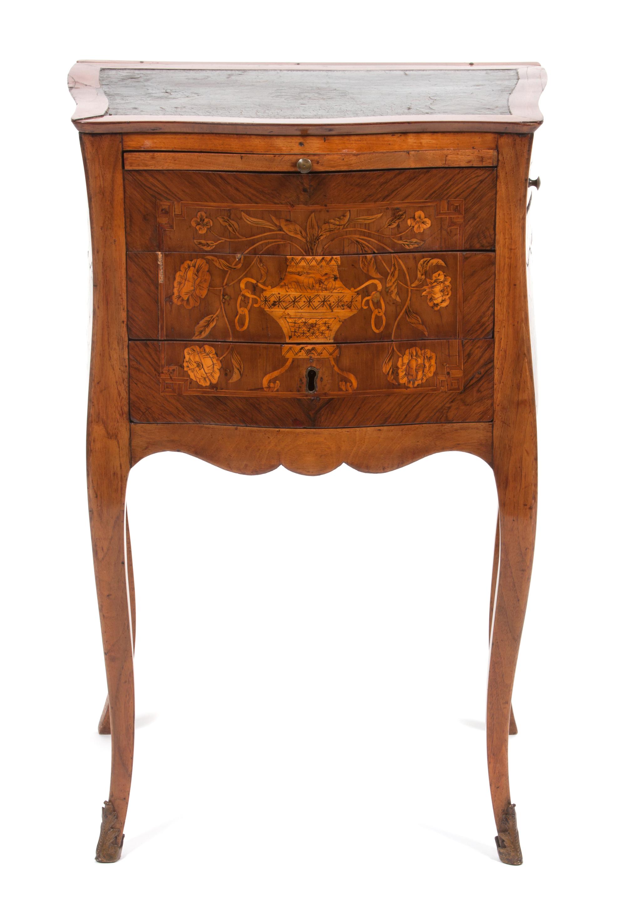 A French Marquetry Table a Ecrire Height 28 x width 18 x depth 12 1/2 inches.