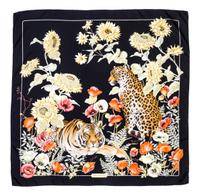 A Ferragamo 90cm Black Silk Leopard and Floral Print Scarf, 36" x 36".