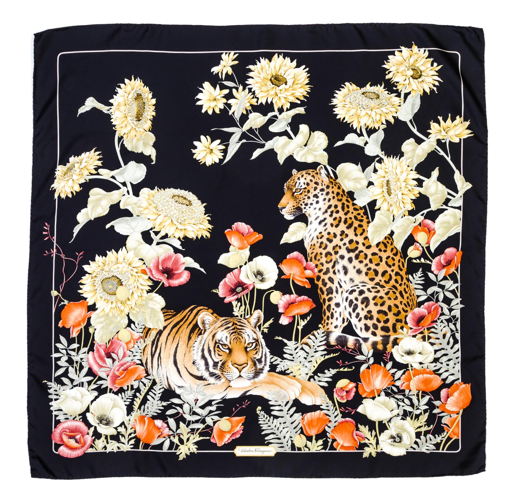 A Ferragamo 90cm Black Silk Leopard and Floral Print Scarf, 36" x 36".