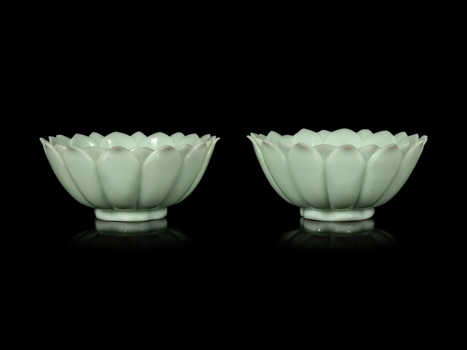 A Pair of Chinese Celadon Glass 'Lotus' Bowls