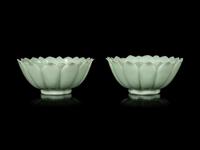 A Pair of Chinese Celadon Glass 'Lotus' Bowls