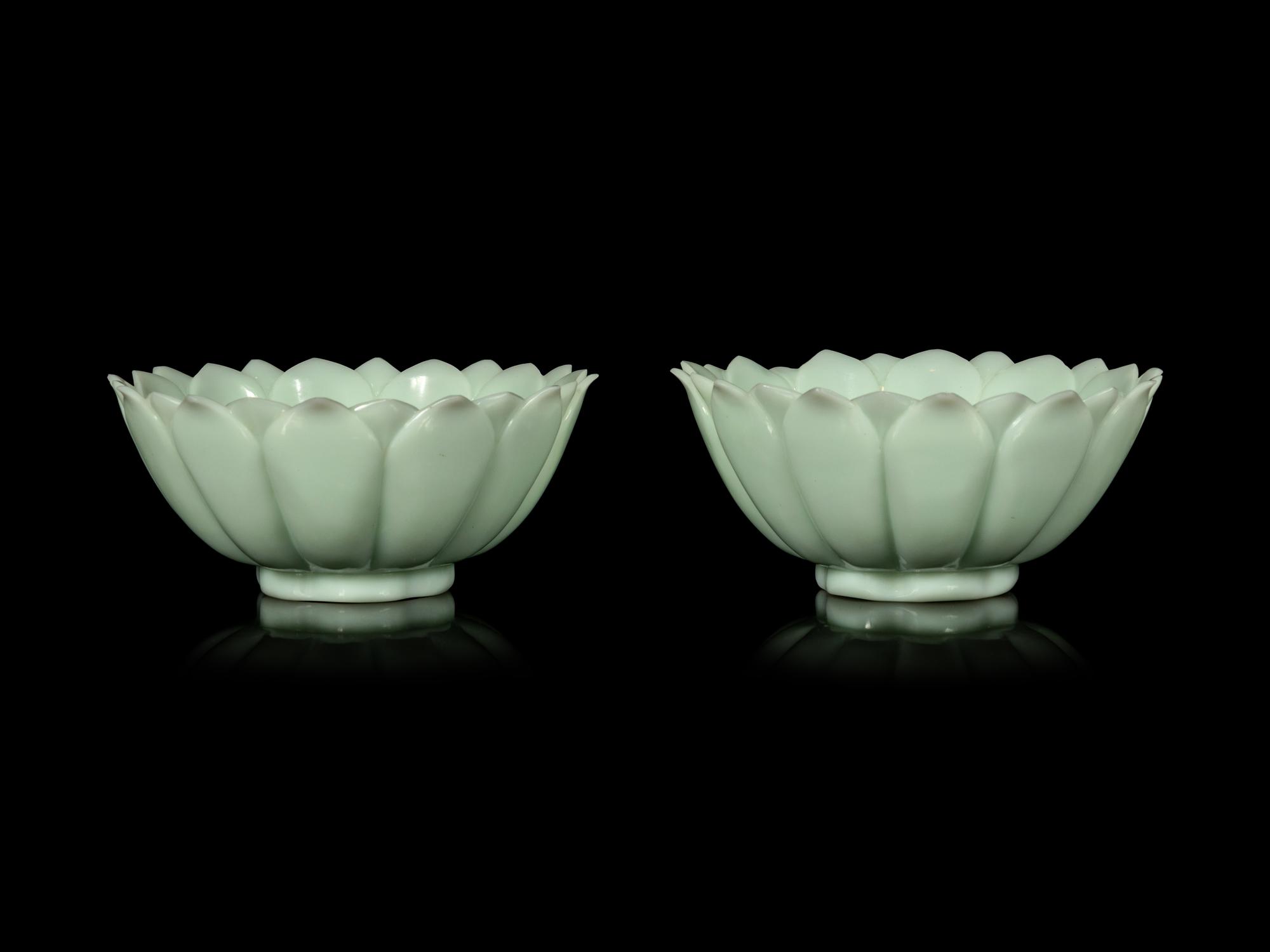 A Pair of Chinese Celadon Glass 'Lotus' Bowls