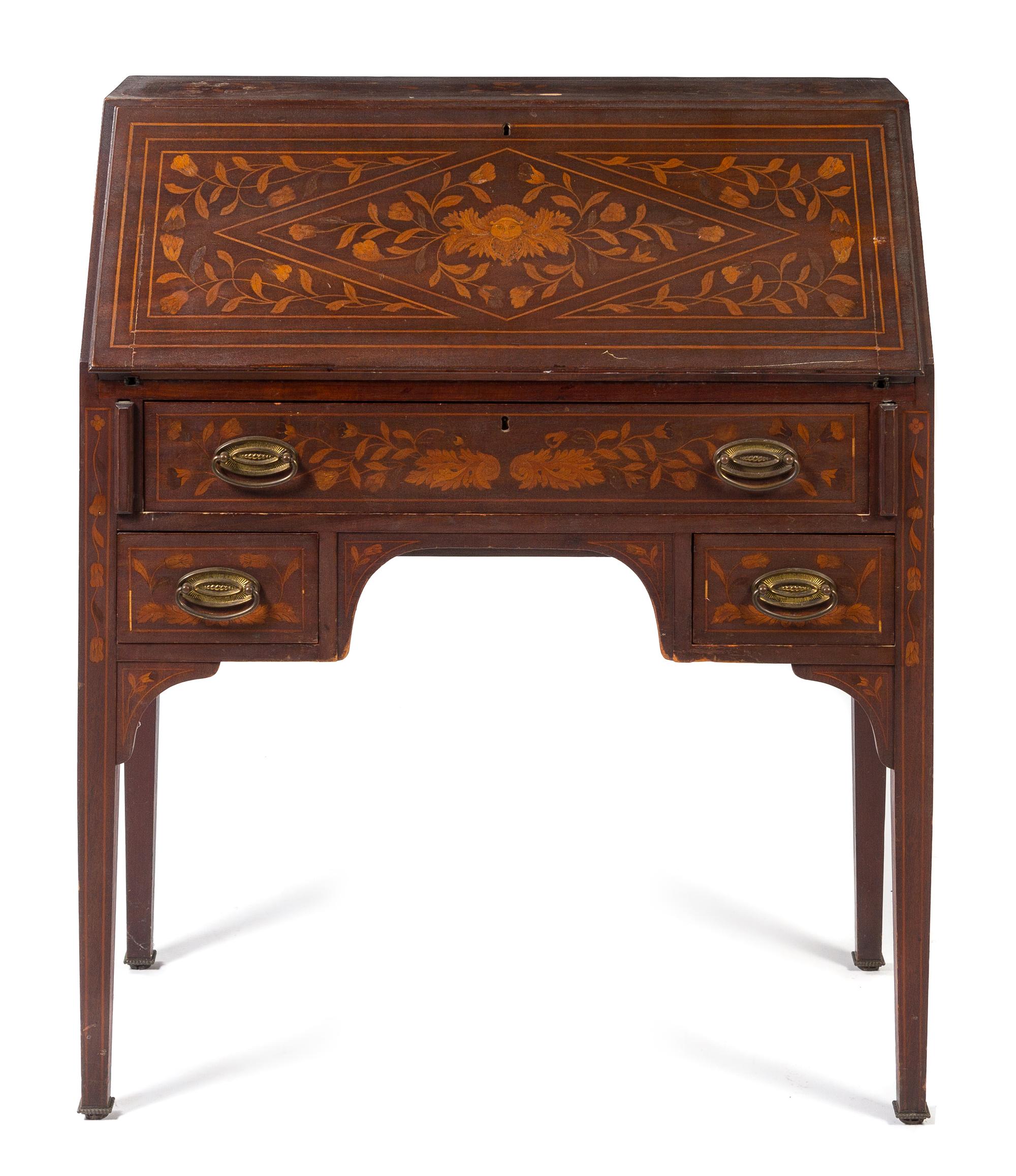 A Dutch Marquetry Fall Front Writing Desk Height 30 1/2 x width 44 x depth 17 1/4 inches. — 19TH/20TH CENTURY