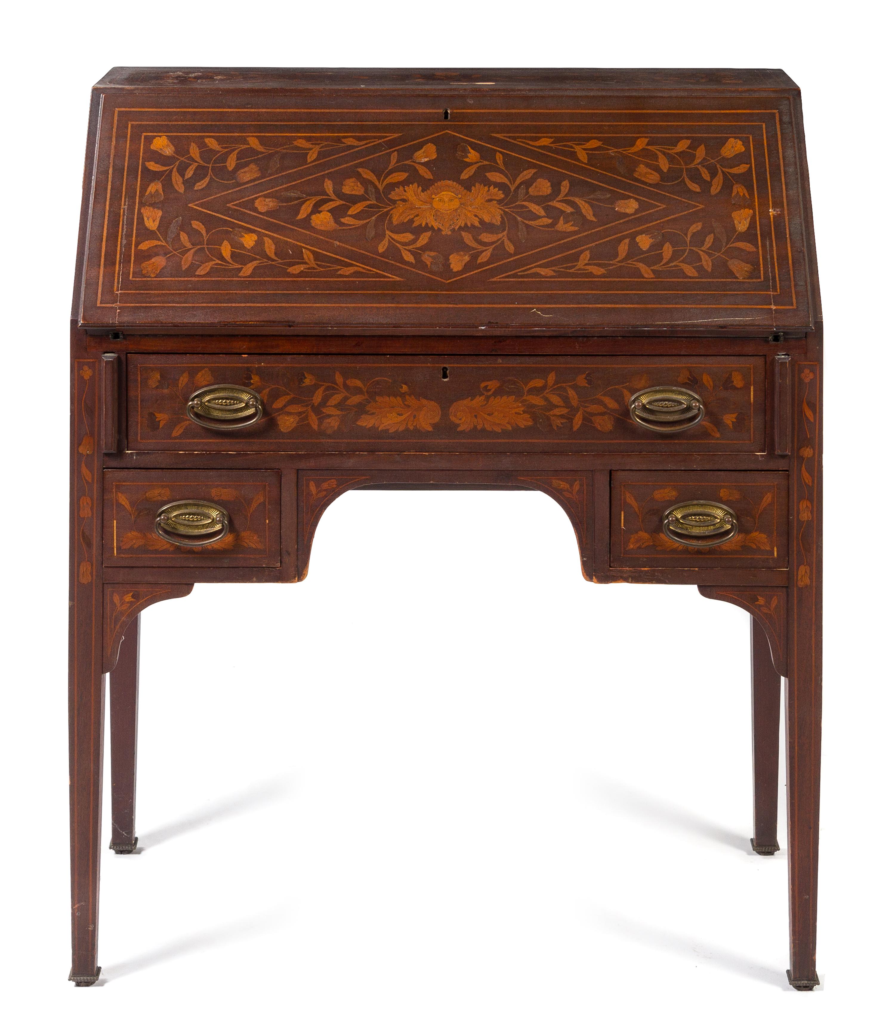 A Dutch Marquetry Fall Front Writing Desk Height 30 1/2 x width 44 x depth 17 1/4 inches. — 19TH/20TH CENTURY