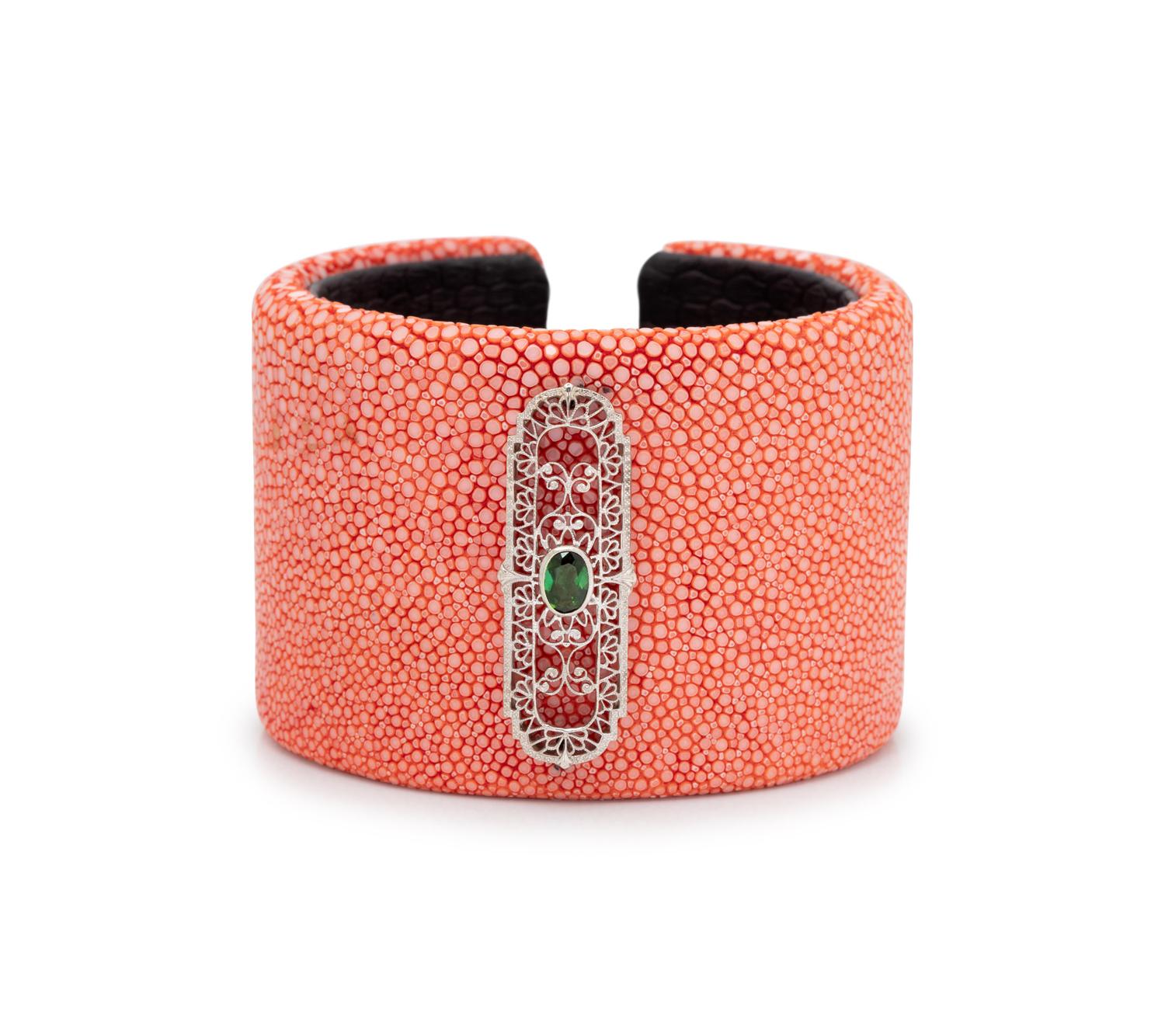 SHAGREEN AND GREEN GEMSTONE CUFF BRACELET