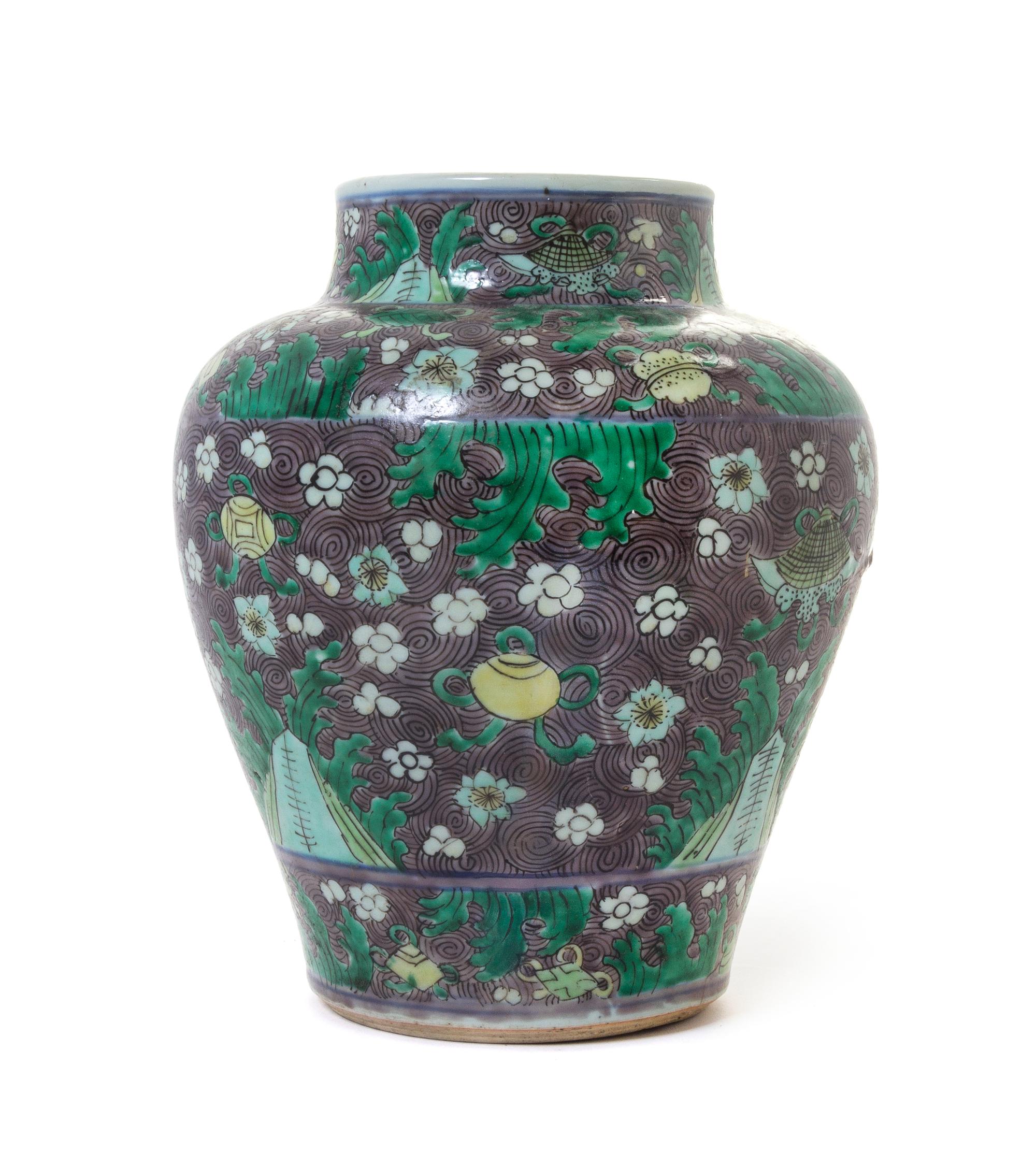 An Aubergine and Famille Verte Porcelain Jar — QING DYNASTY