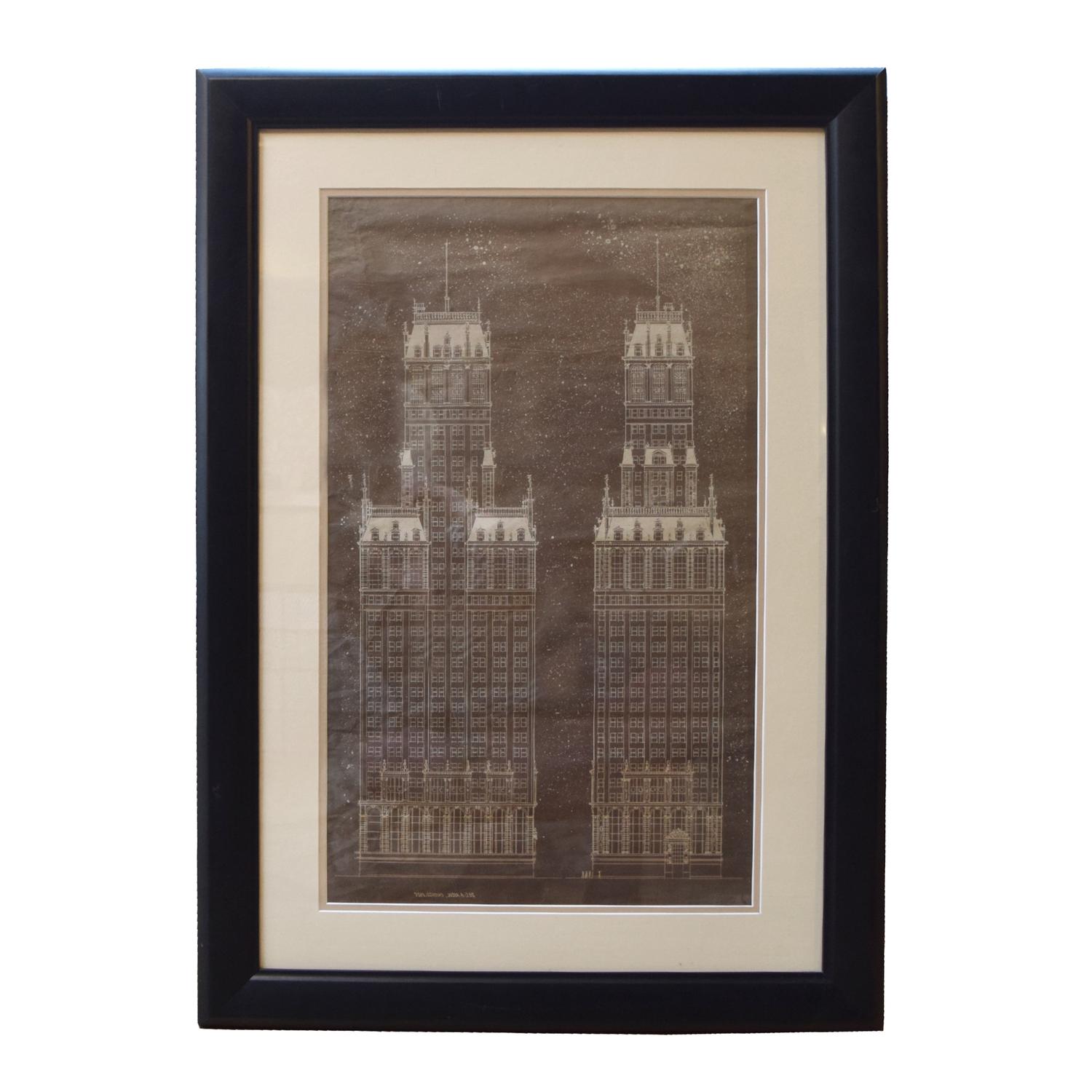 A Framed Hand-Rendered Architectural Drawing Signed A. Riedl 24" W x 1" D x 33.5" H — United States, Circa 1925
